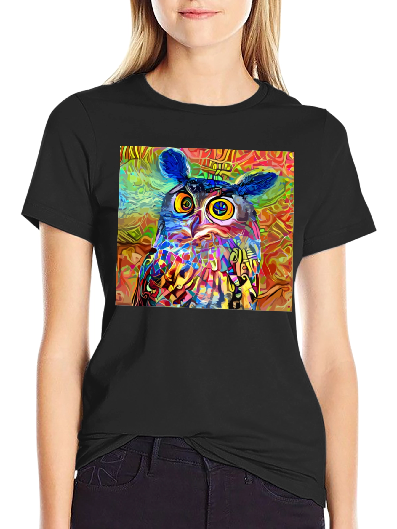 Black Psychedelic Owl Graphic Tee - Black Cotton Blend view 2