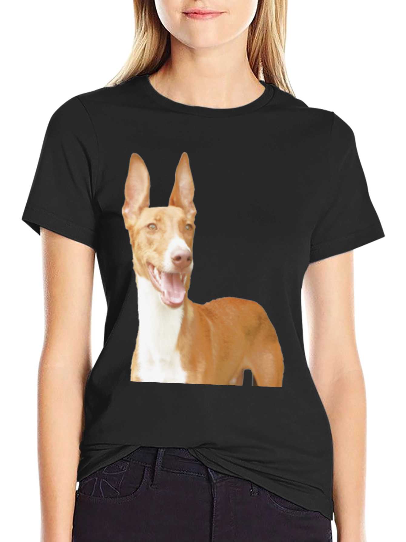 Black Dog Breed Graphic Tee - Ibizan Hound on Black Shirt view 2