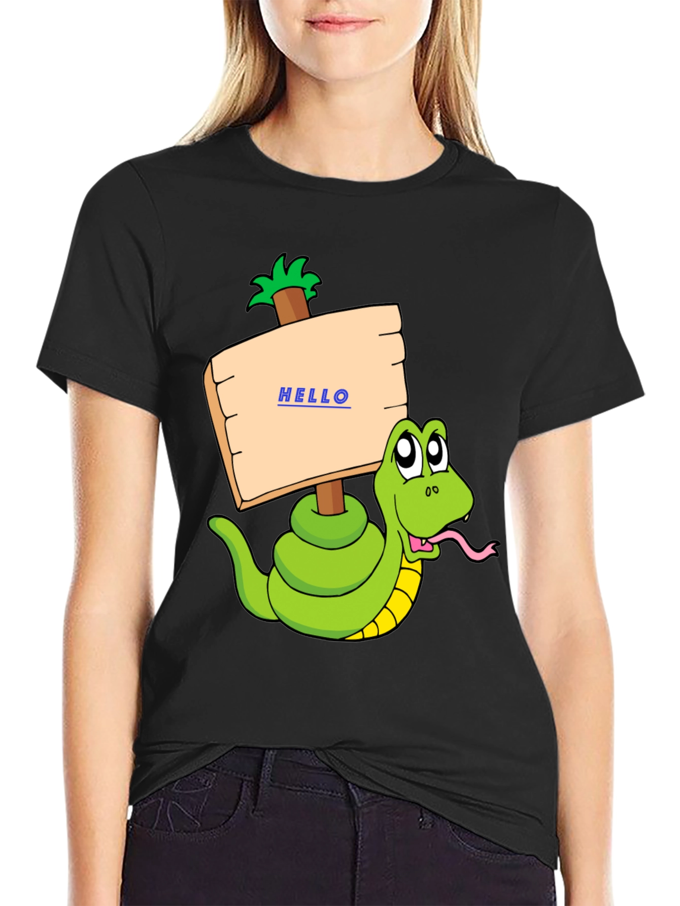 Black Funny Snake Graphic T-Shirt - Hello Sign view 2