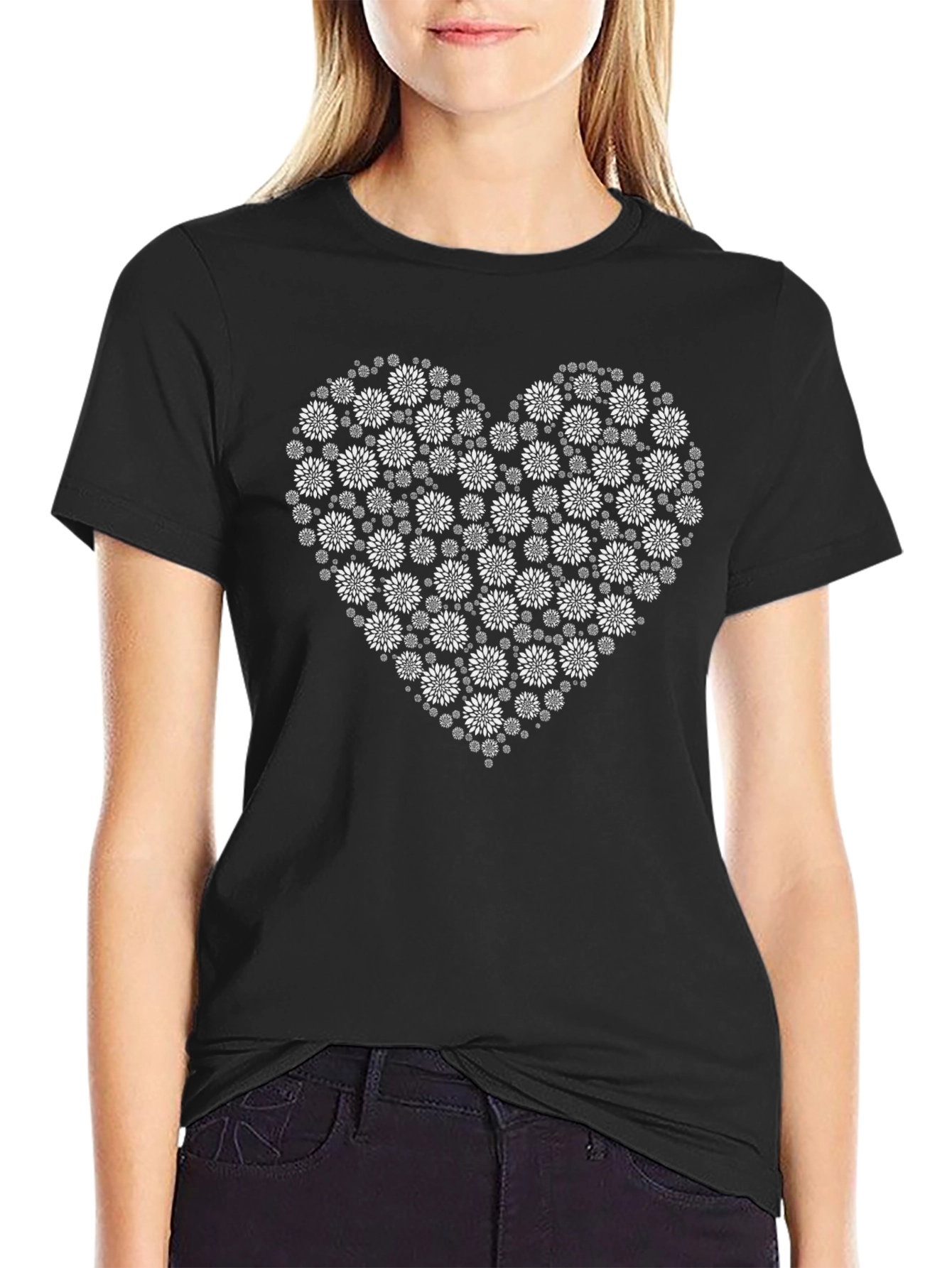 Black Floral Heart Graphic Tee - Black Cotton Casual Shirt view 2