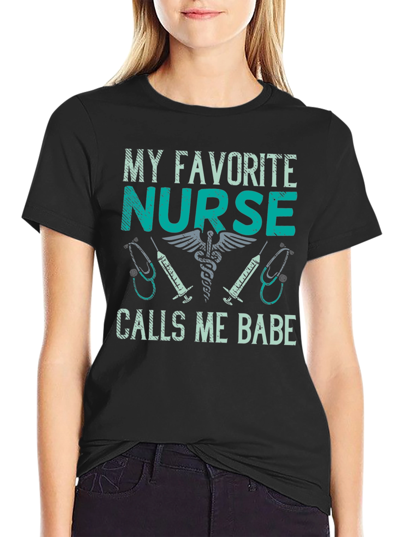 Black My Favorite Nurse Calls Me Babe T-Shirt view 2