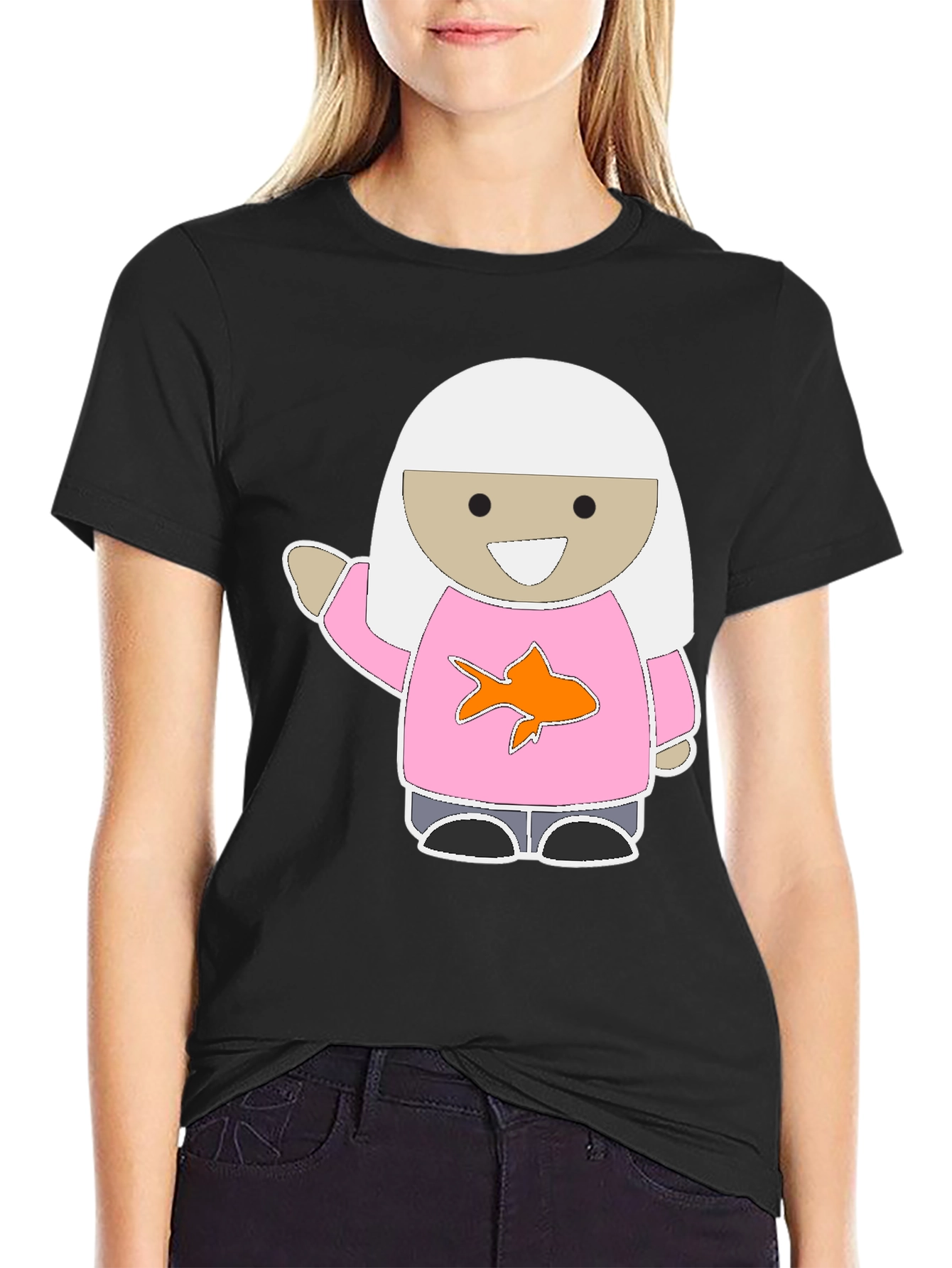 Black Cute Cartoon Girl Pink Fish T-Shirt view 2