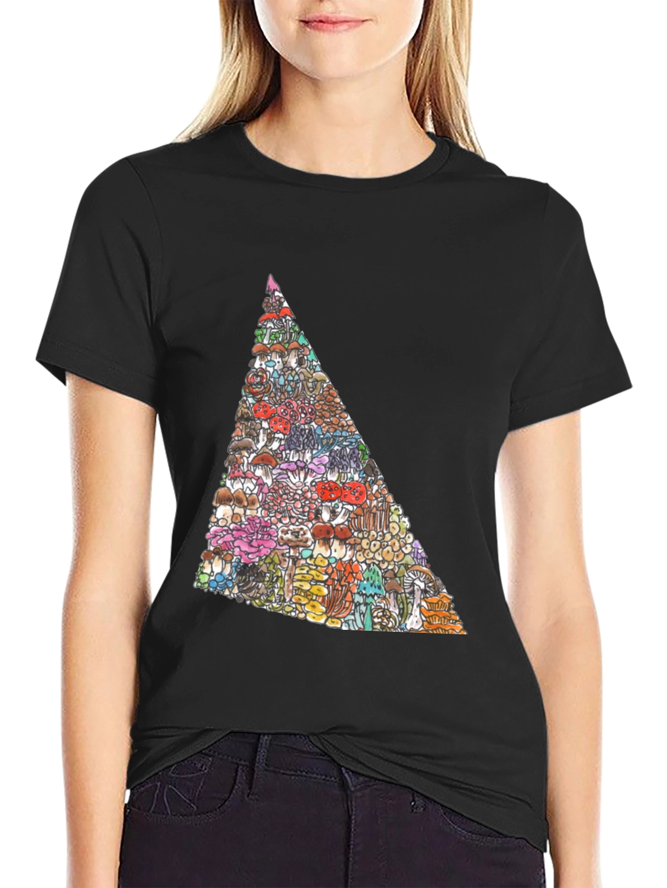 Black Funky Mushroom Triangle Graphic Black T-Shirt view 2