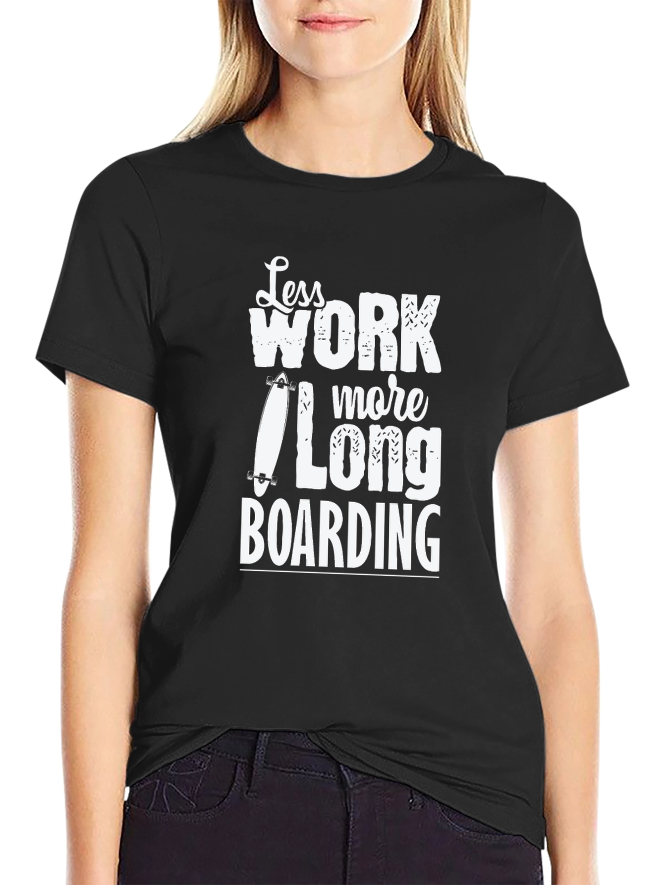 Black Less Work More Longboarding Graphic Tee view 2