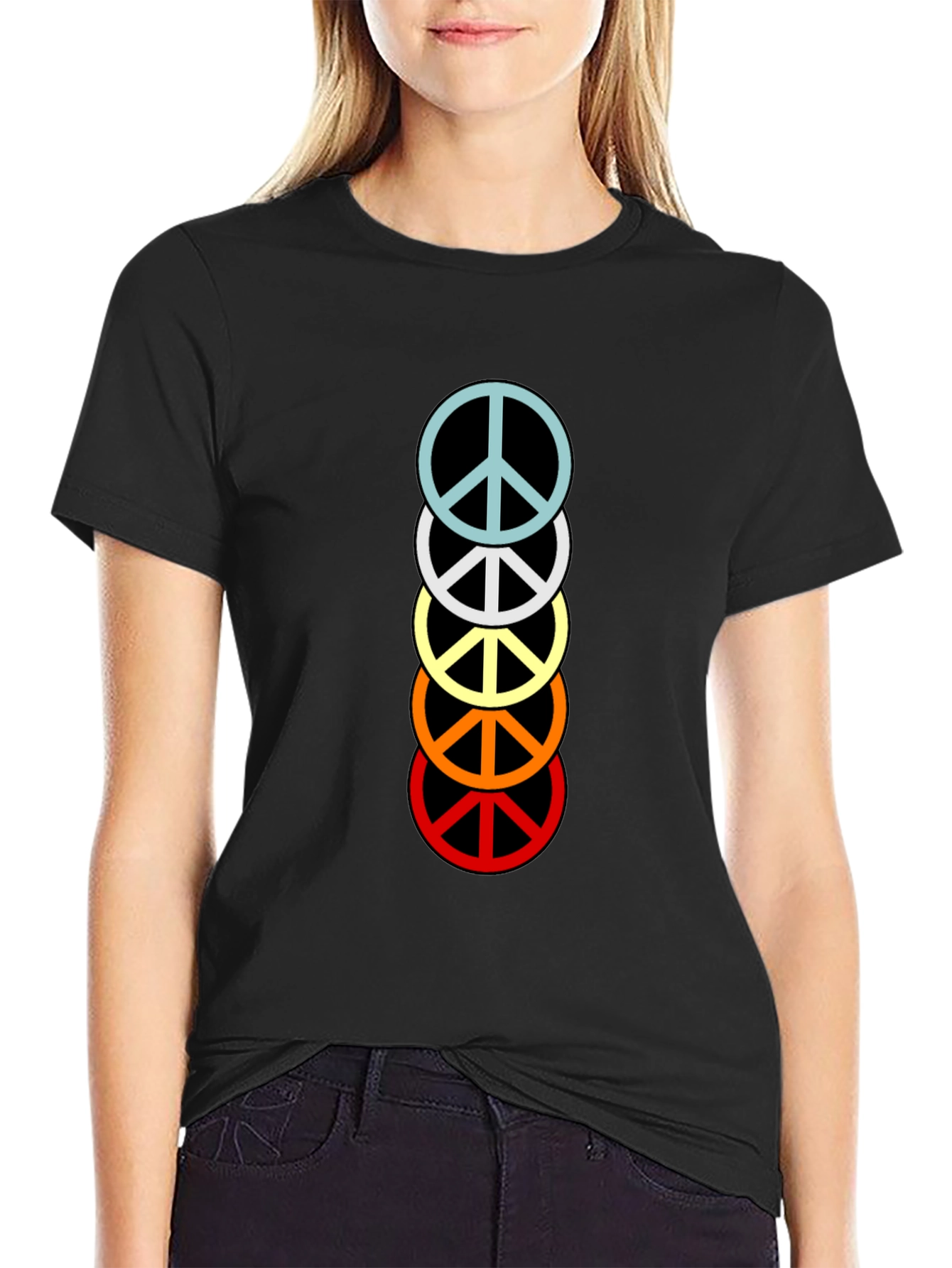 Black Retro Peace Sign Stacked T-Shirt - Black view 2