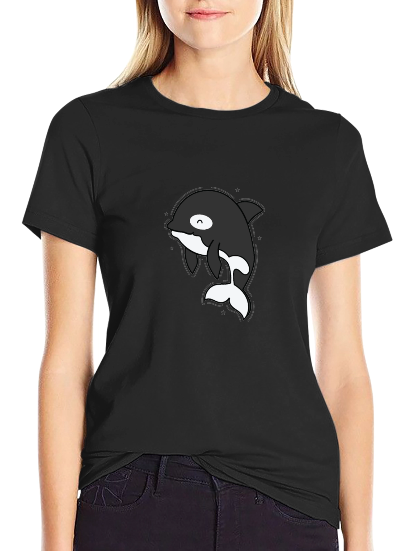 Black Cute Orca T-Shirt - Black Cotton Tee view 2