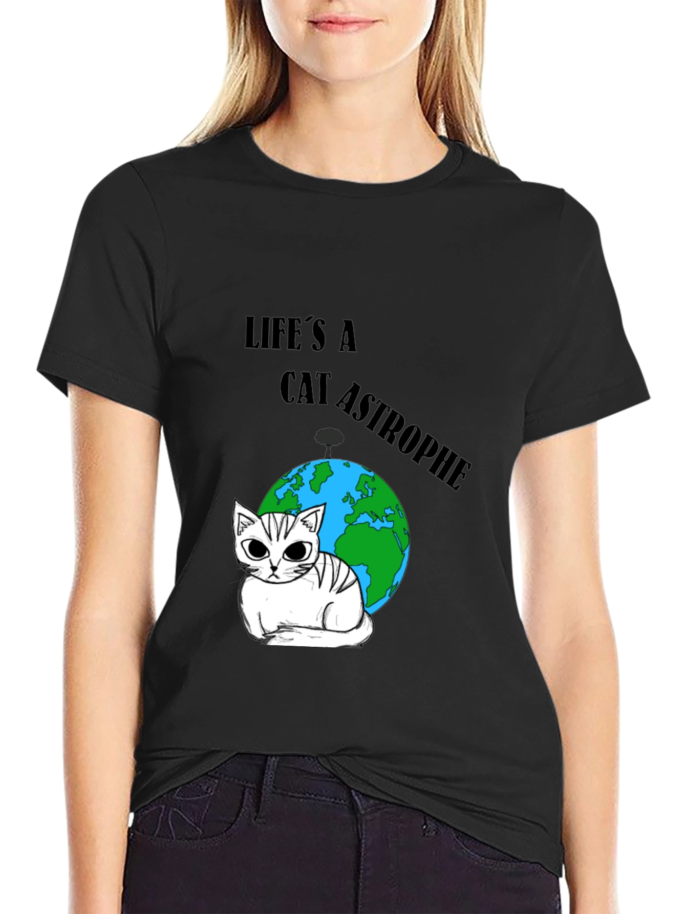 Black Catastrophe T-Shirt: Earth & Feline Humor view 2