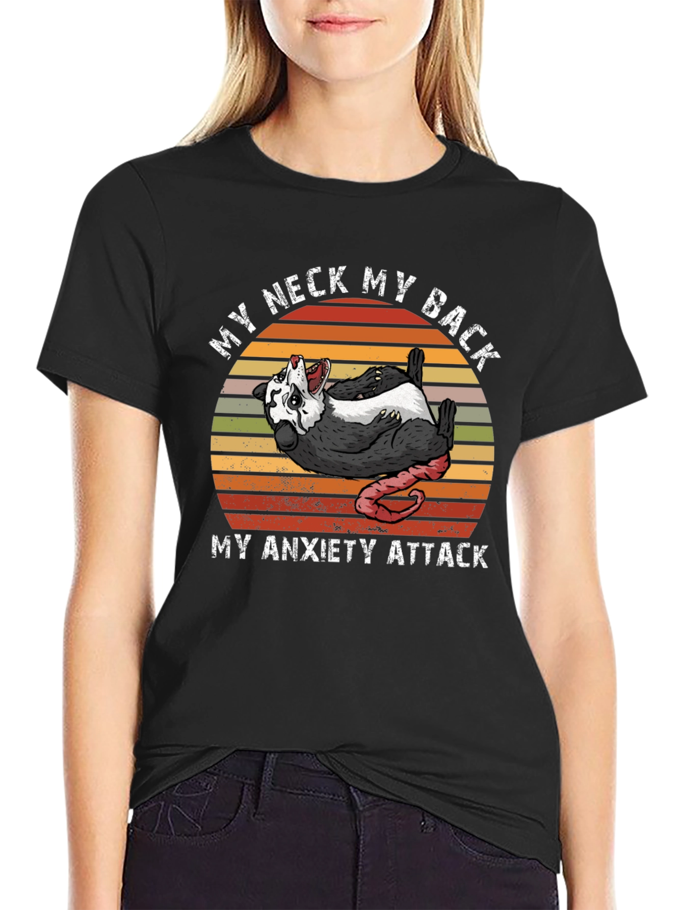Black Funny Opossum Anxiety Attack Graphic T-Shirt view 2
