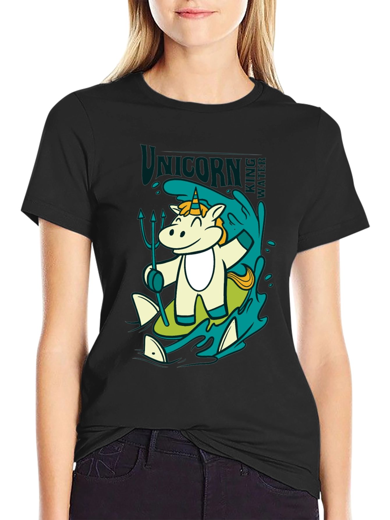 Black Unicorn Surfing T-Shirt: Cartoon Graphic Tee view 2