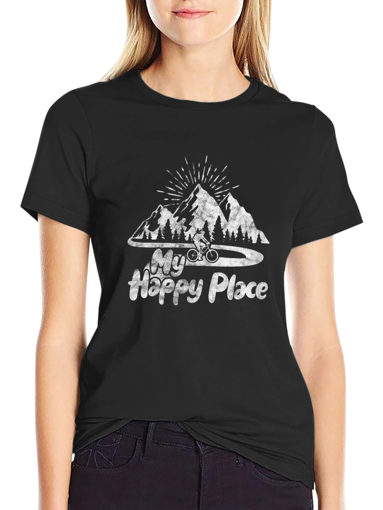 Black My Happy Place Mountain Biking Graphic Tee view 2