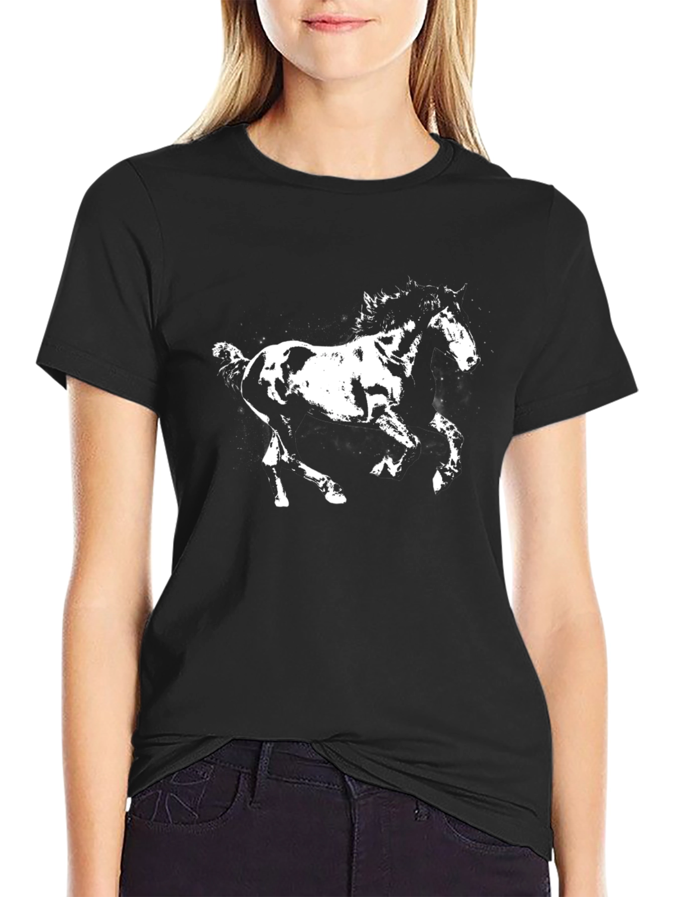 Black Black T-Shirt with White Horse Graphic view 2