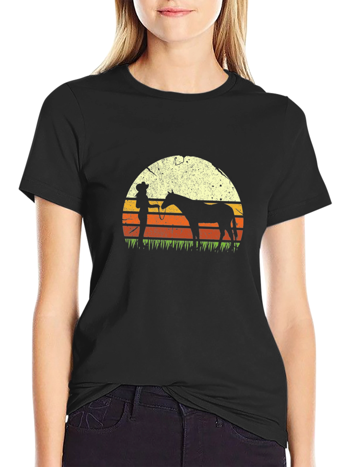Black Cowboy & Horse Sunset Graphic T-Shirt view 2