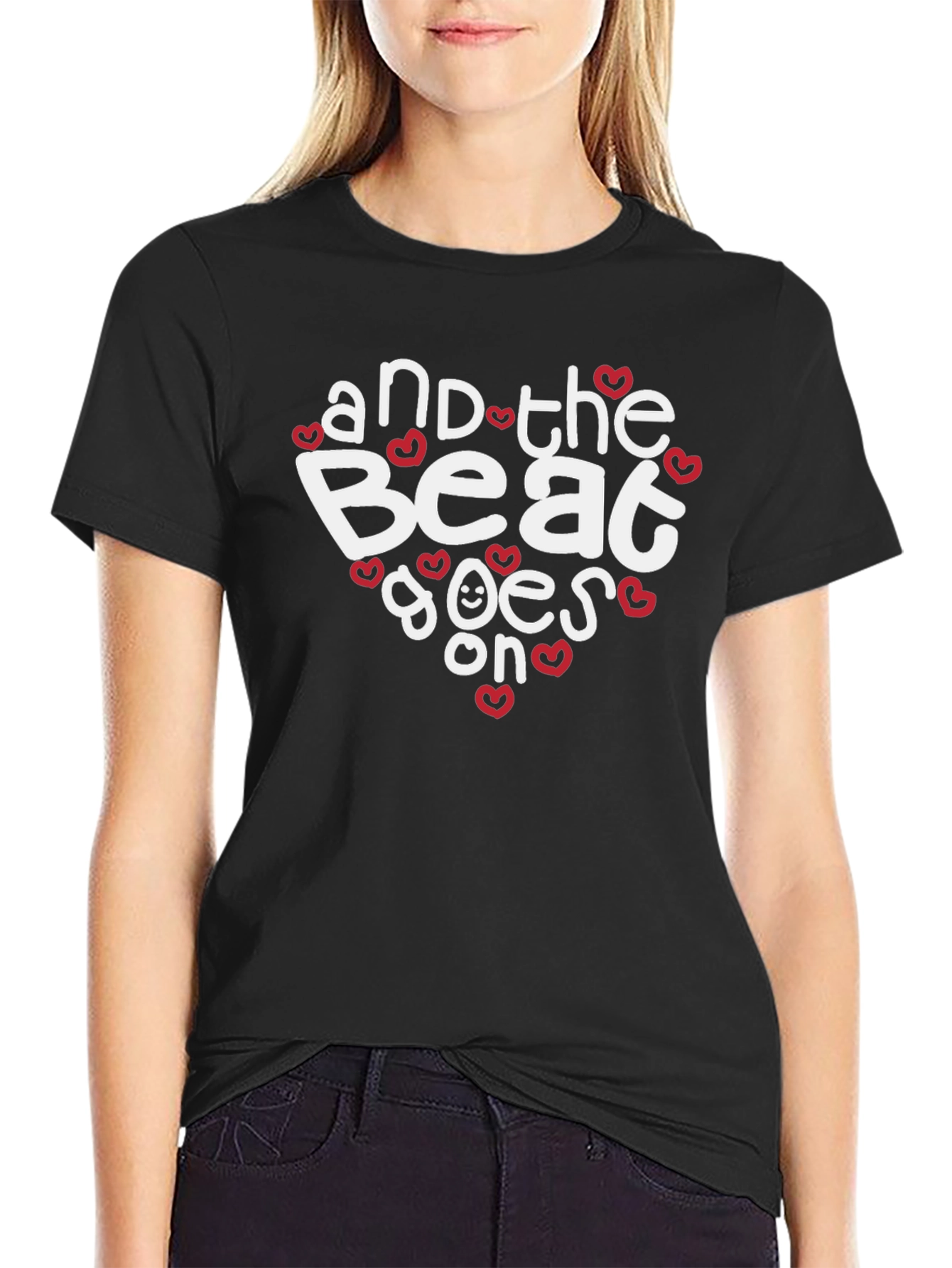 Black And The Beat Goes On T-Shirt - Stylish Heart Design view 2