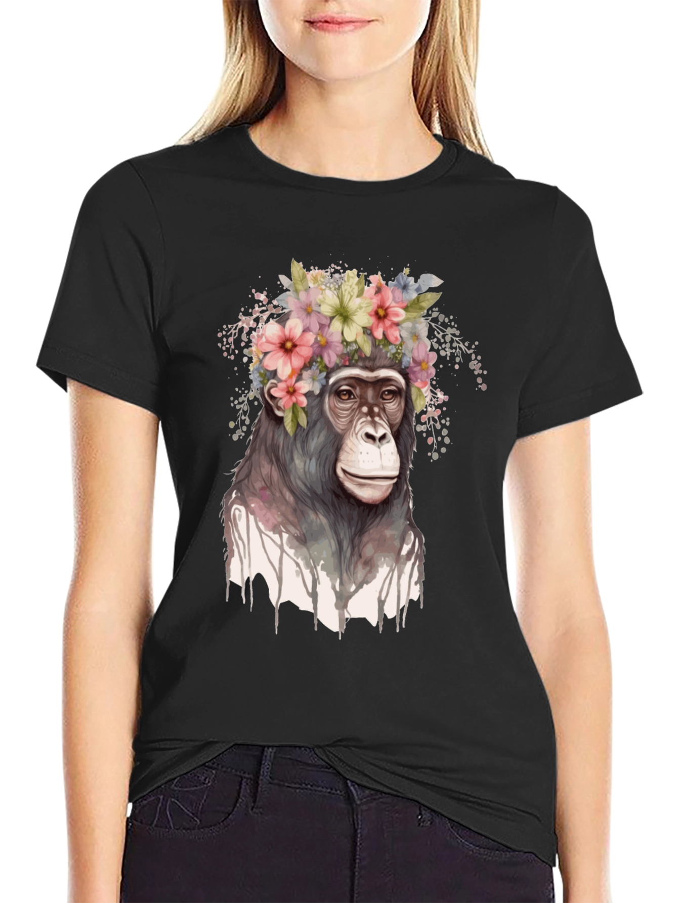 Black Floral Crown Chimp Graphic Tee view 2
