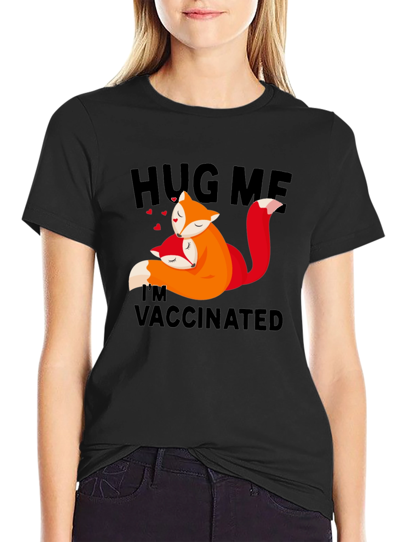 Black Hug Me I'm Vaccinated Fox T-Shirt view 2