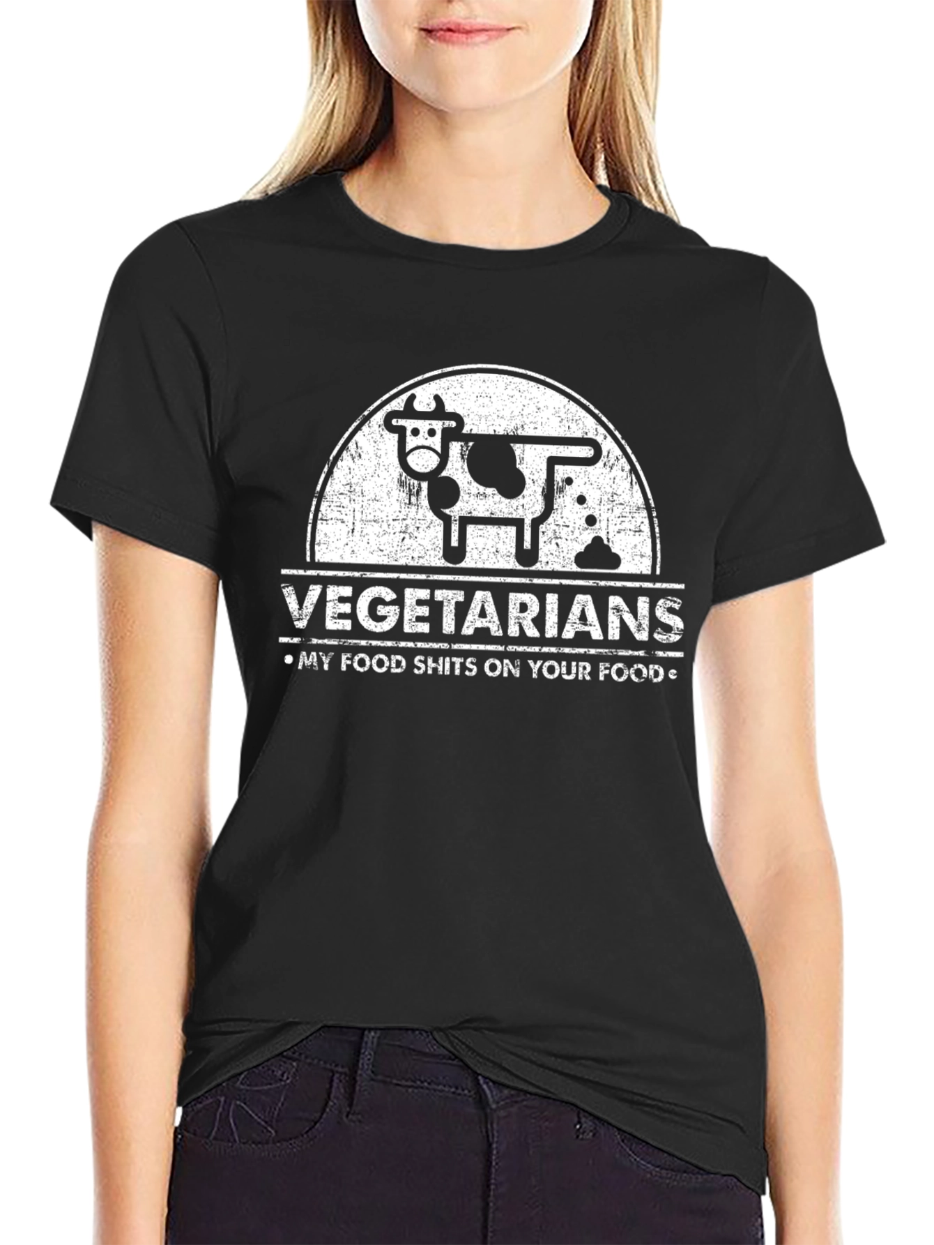 Black Vegetarian Humor T-Shirt - My Food Shits On Your Food view 2