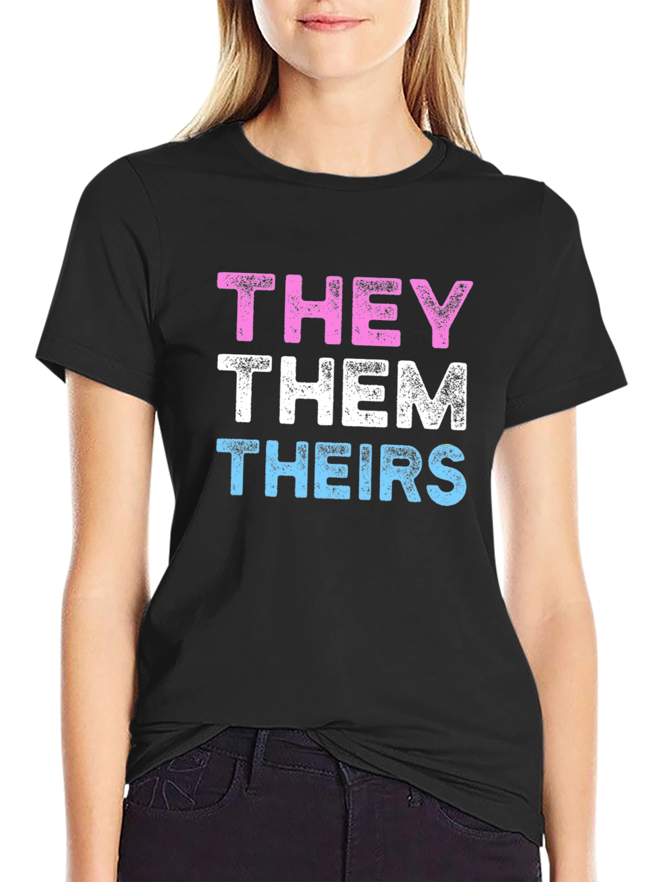 Black THEY THEM THEIRS Pronoun Pride T-Shirt view 2