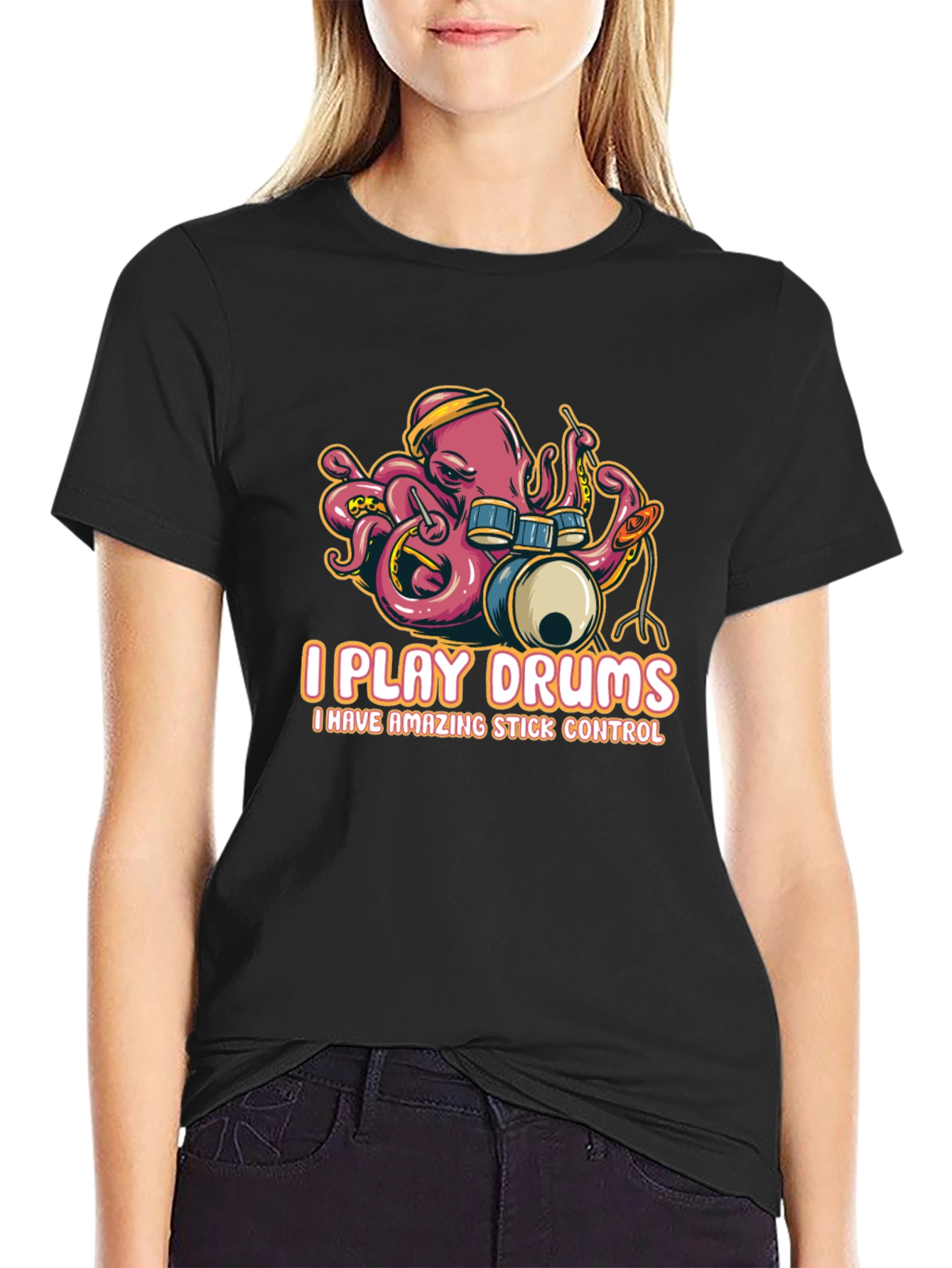 Black Octopus Drummer T-Shirt - I Play Drums view 2