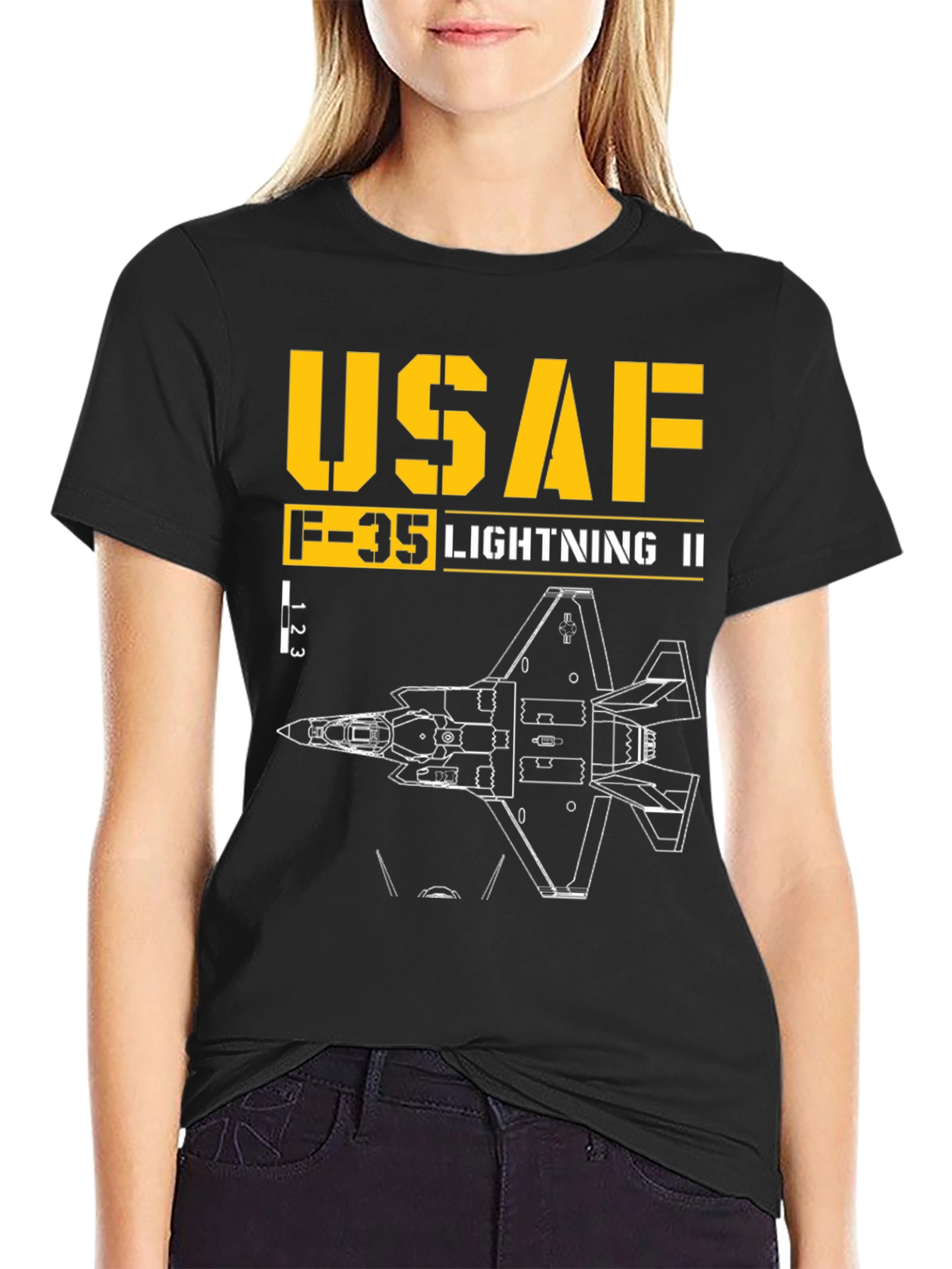 Black USAF F-35 Lightning II Blueprint T-Shirt view 2