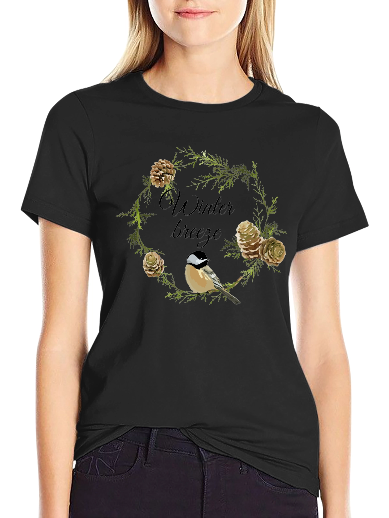 Black Winter Breeze Bird & Pine Cone Graphic Tee view 2