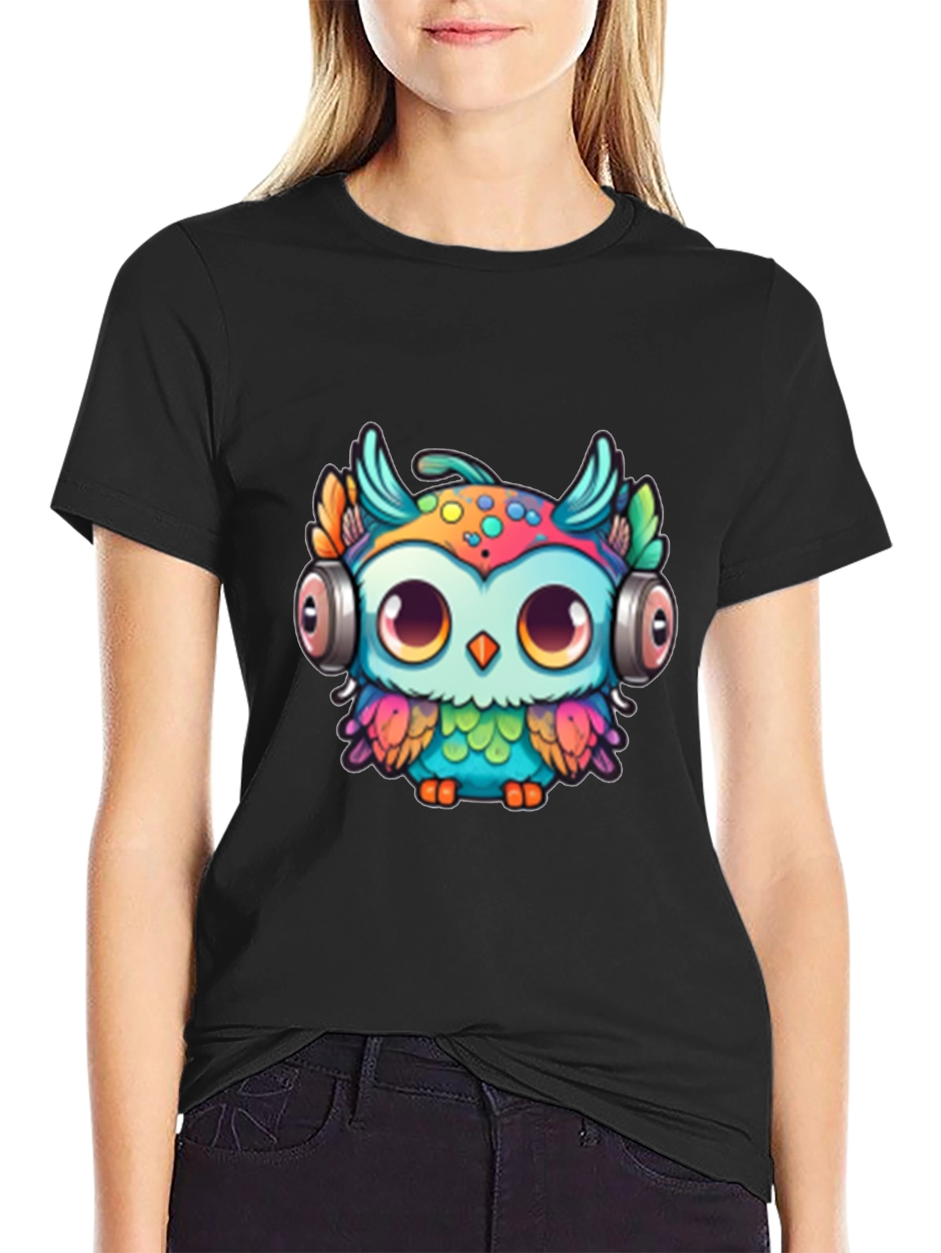 Black Owl with Headphones Graphic Tee - Black view 2