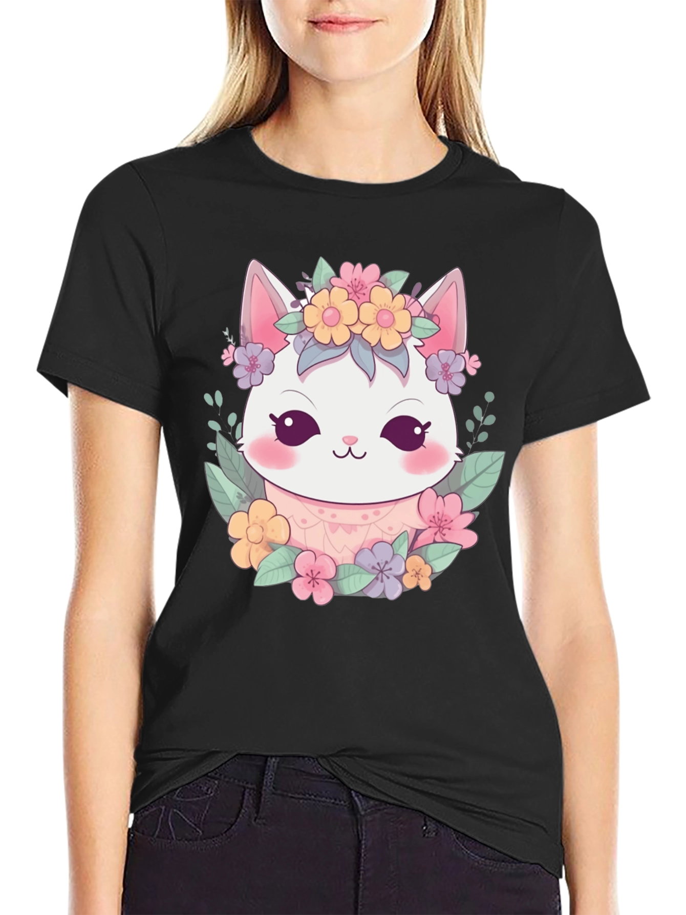 Black Cute Floral Cat Graphic T-Shirt view 2