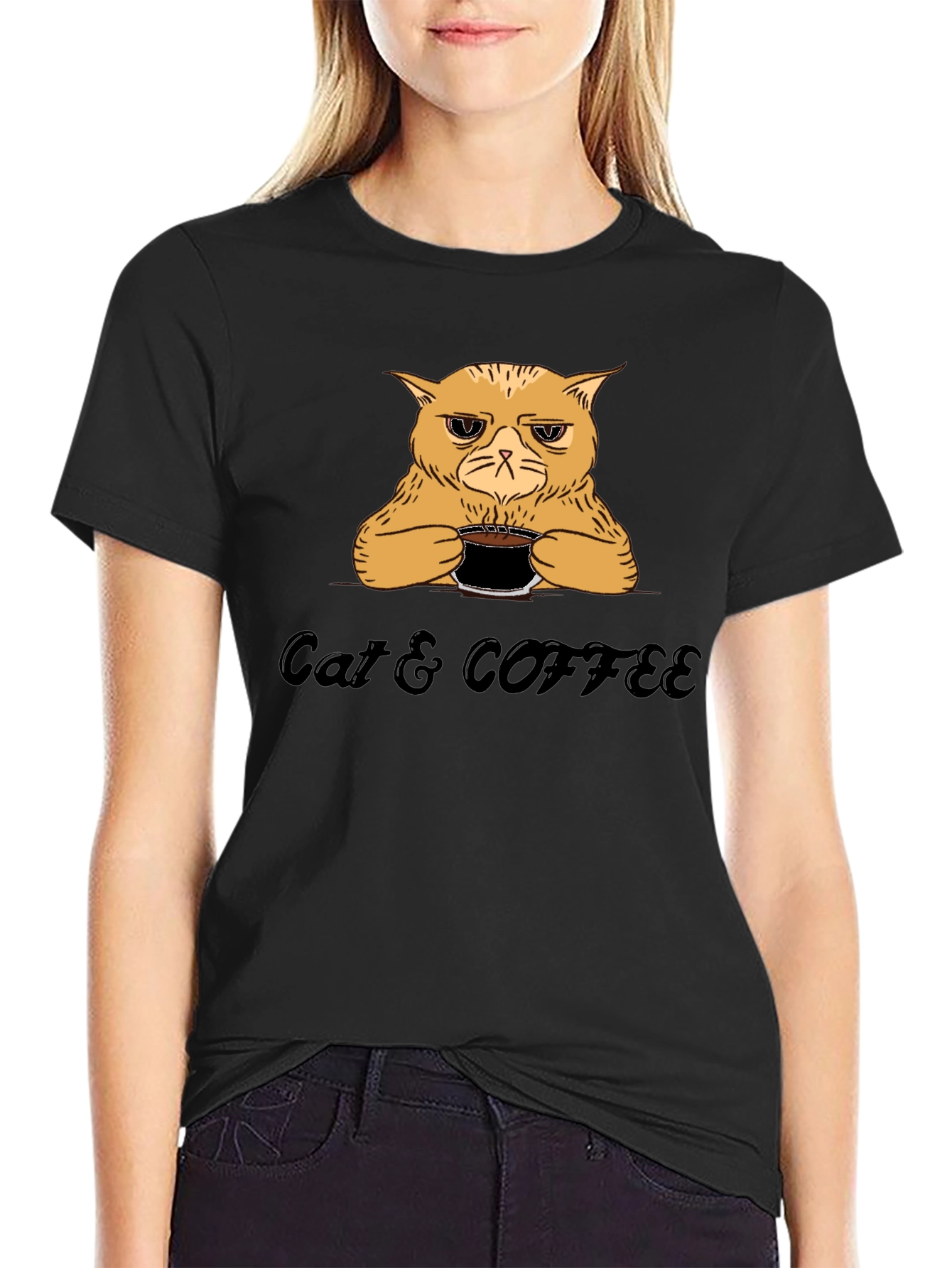 Black Cat & Coffee Graphic T-Shirt - Funny Novelty Tee view 2