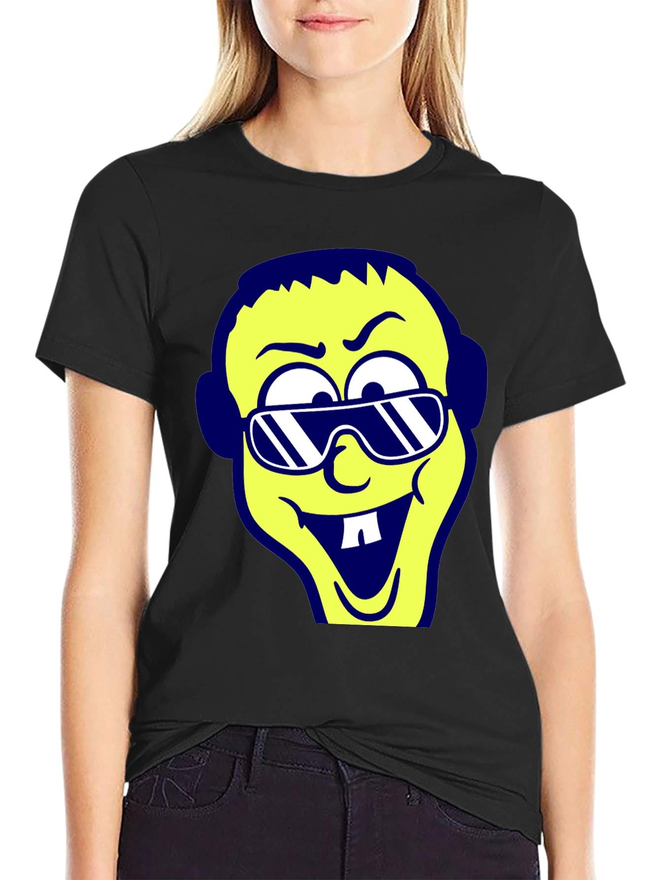 Black Cartoon Face Graphic Tee - Black view 2