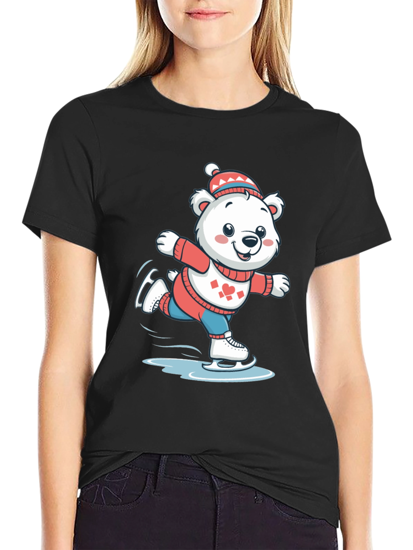 Black Ice Skating Bear T-Shirt view 2