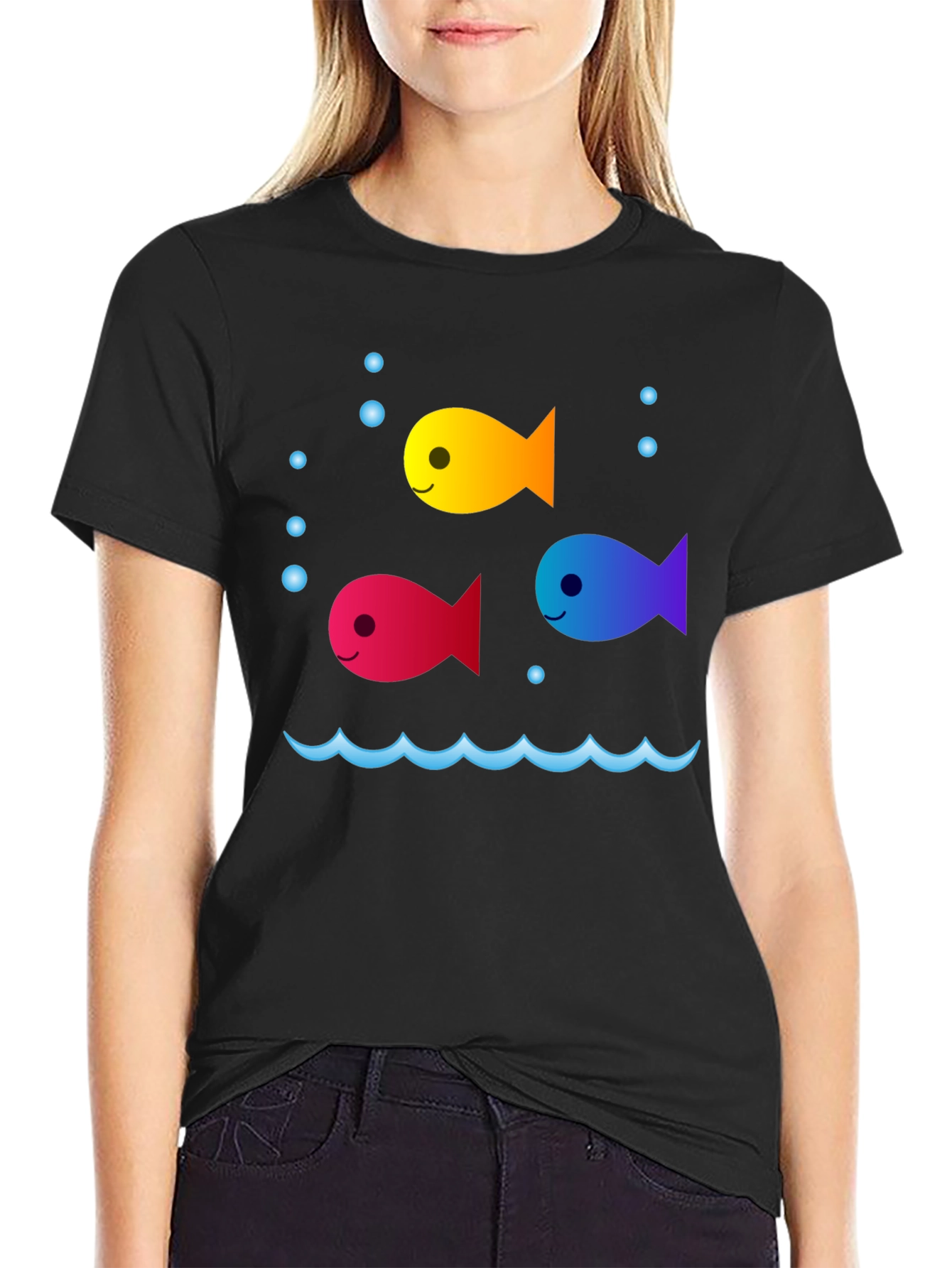Black Whimsical Fish Graphic Tee - Black Cotton Comfort view 2