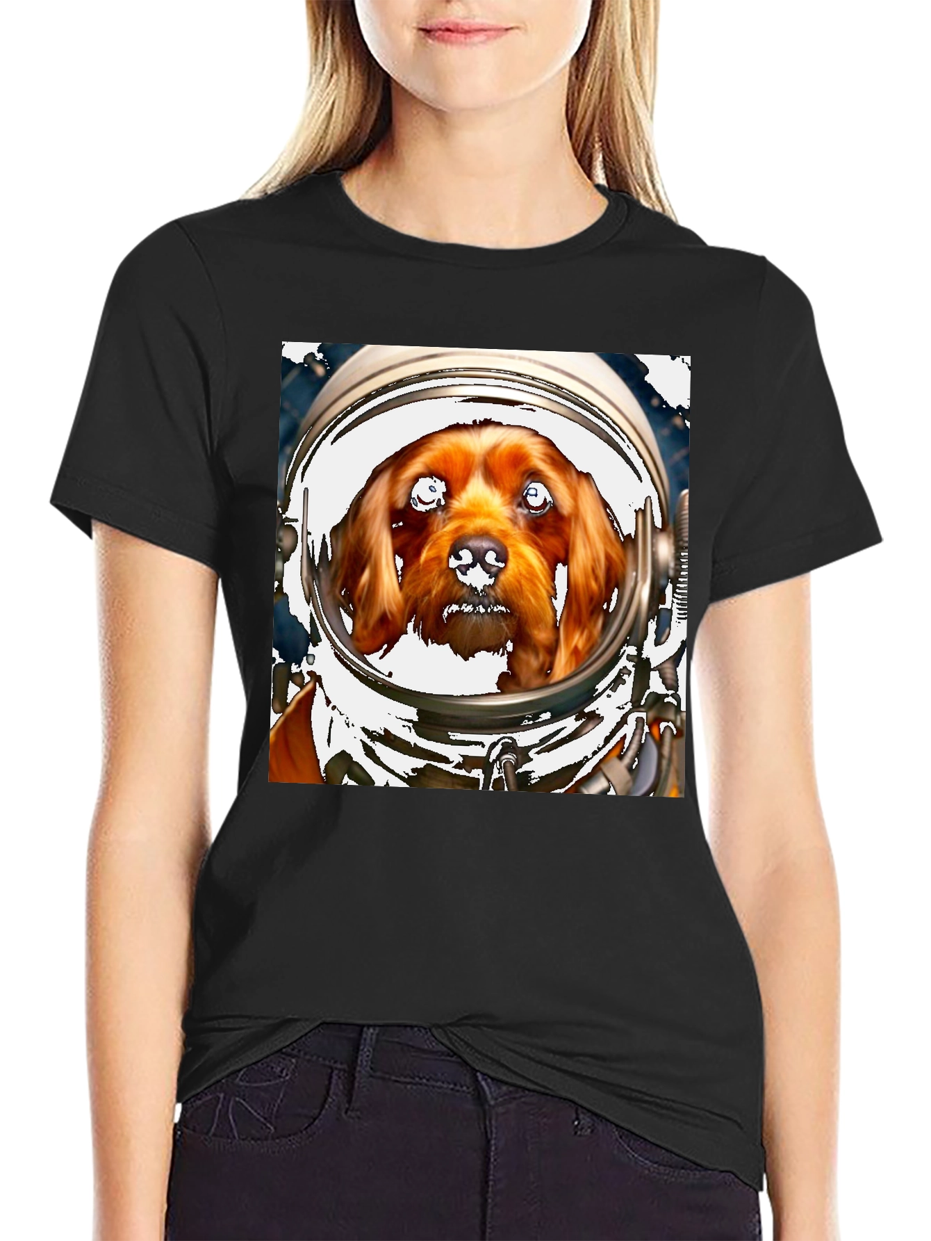 Black Dog in Space Helmet T-Shirt - Unique Pet Lover Tee view 2