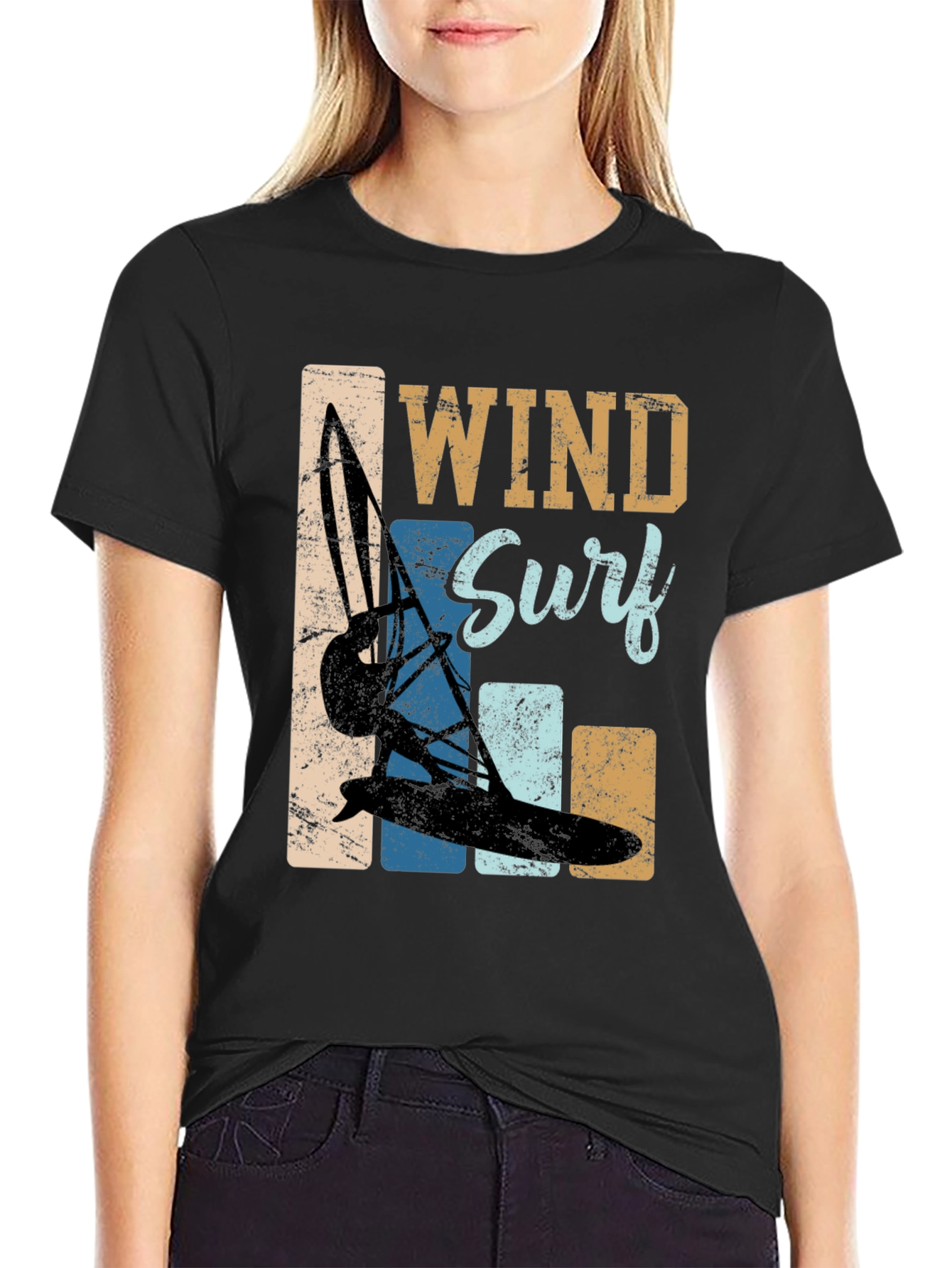 Black Wind Surf Graphic Tee - Retro Water Sports T-Shirt view 2