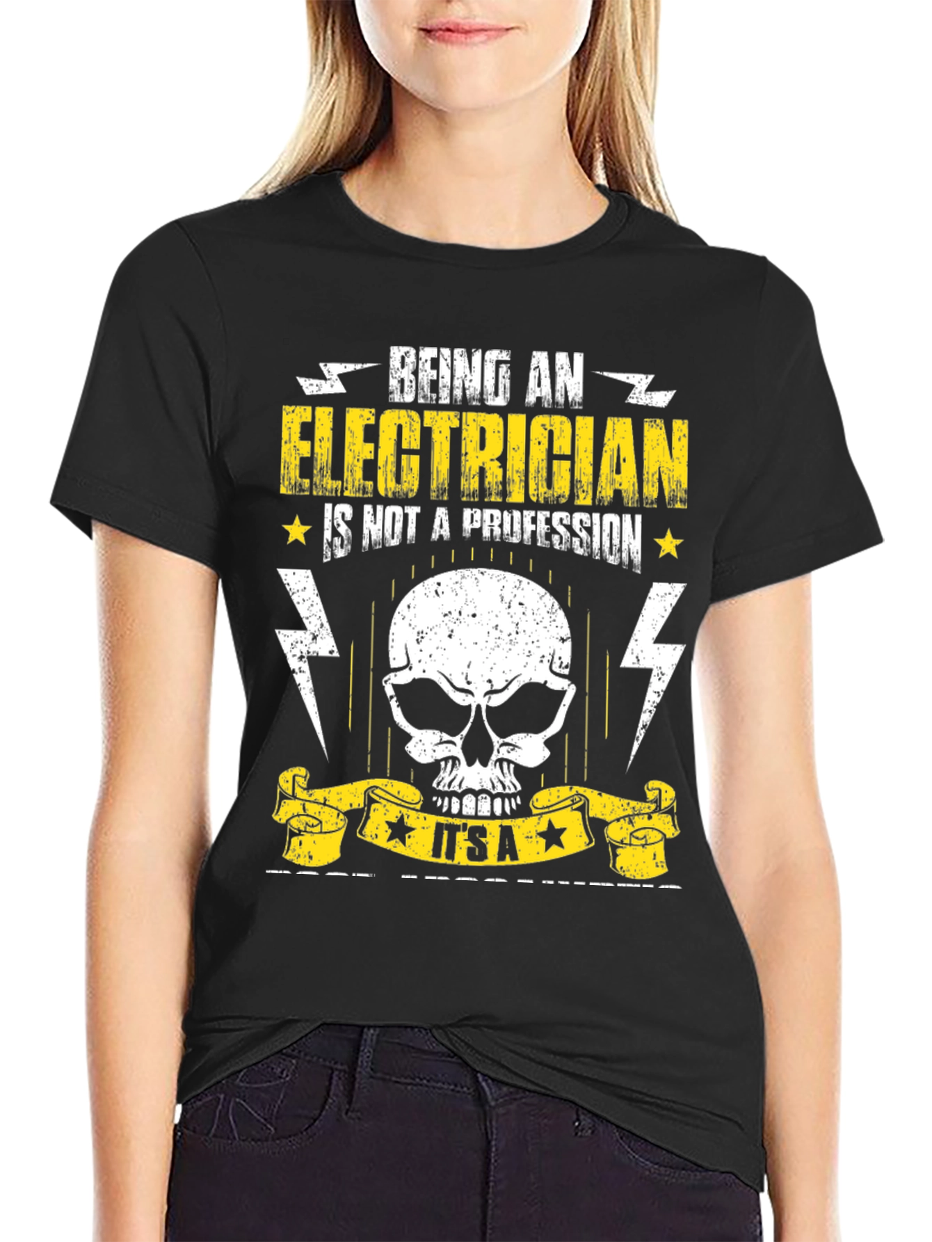 Black Electrician T-Shirt - Being An Electrician Skull Design view 2