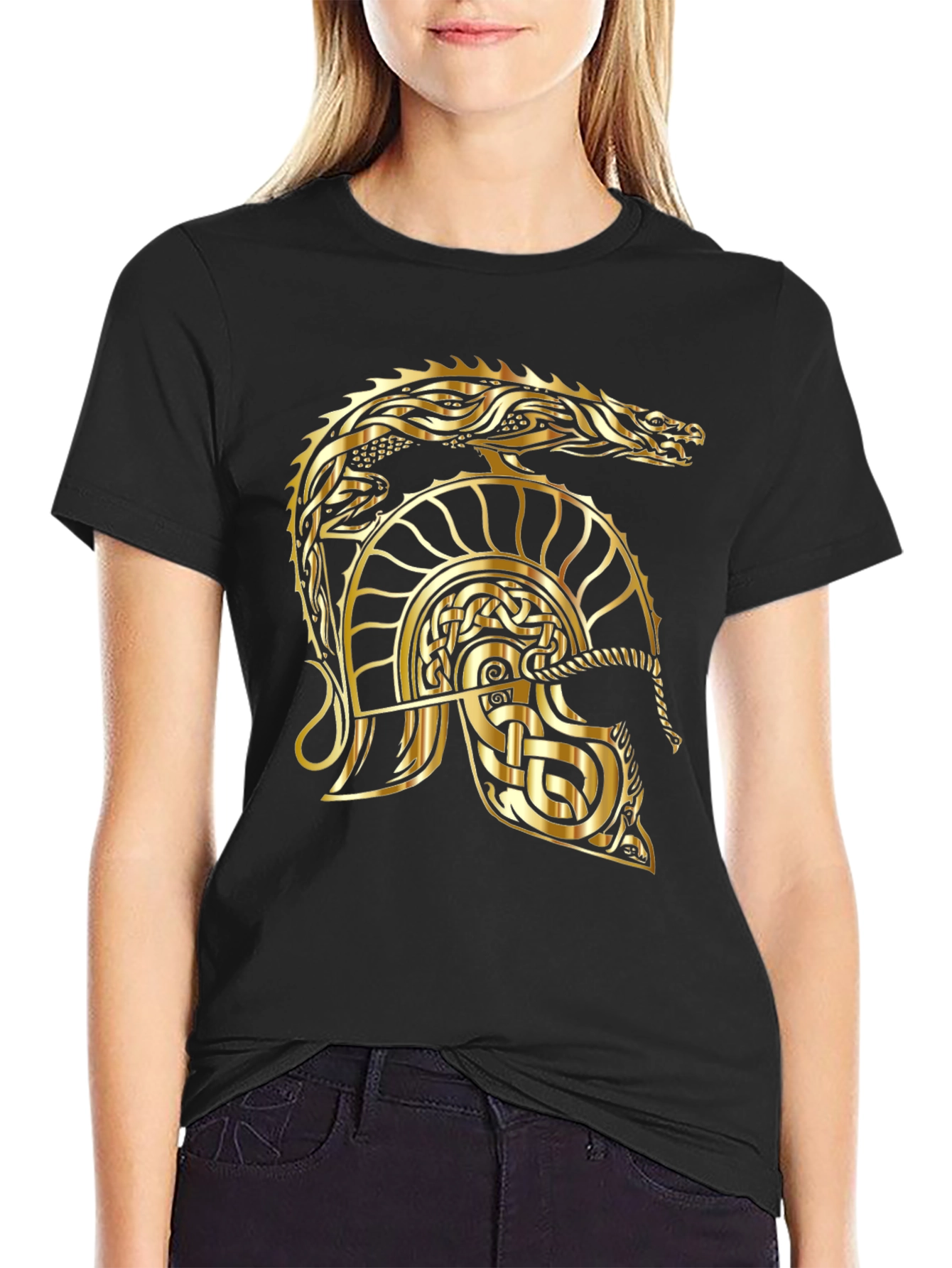 Black Gold Dragon Helmet Black T-Shirt view 2