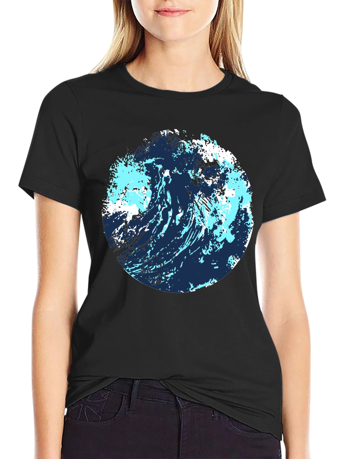 Black Abstract Wave Graphic Tee - Black Cotton Blend view 2