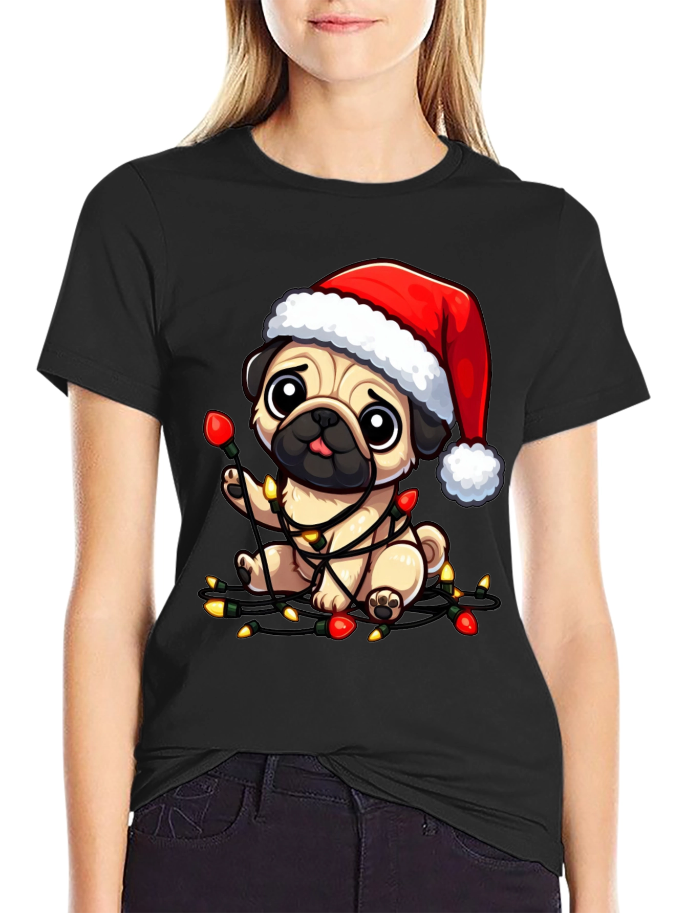 Black Festive Pug Christmas Lights Graphic Tee view 2