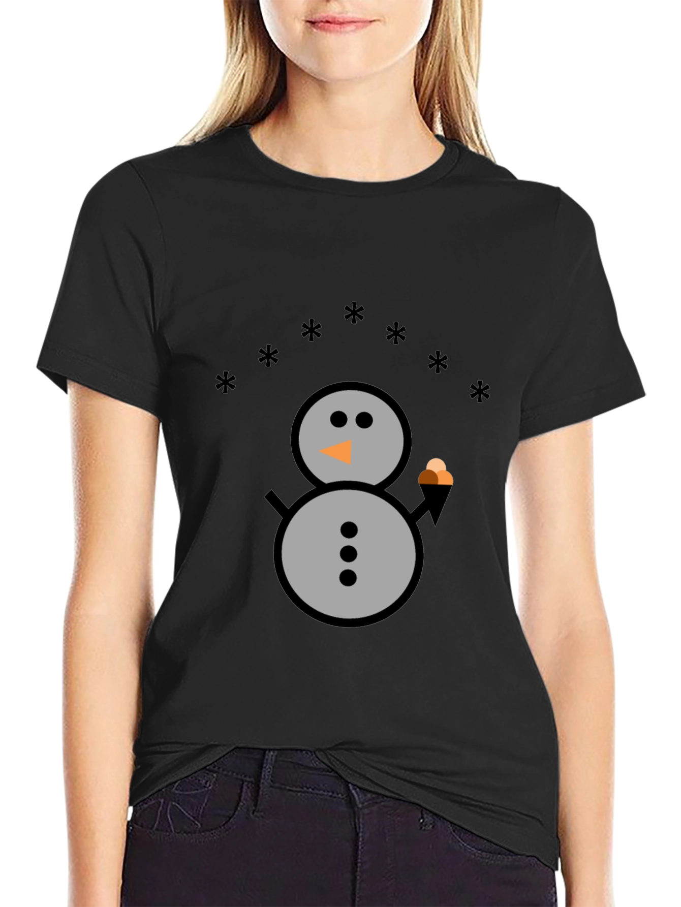 Black Snowman Graphic Tee - Black Cotton T-Shirt view 2