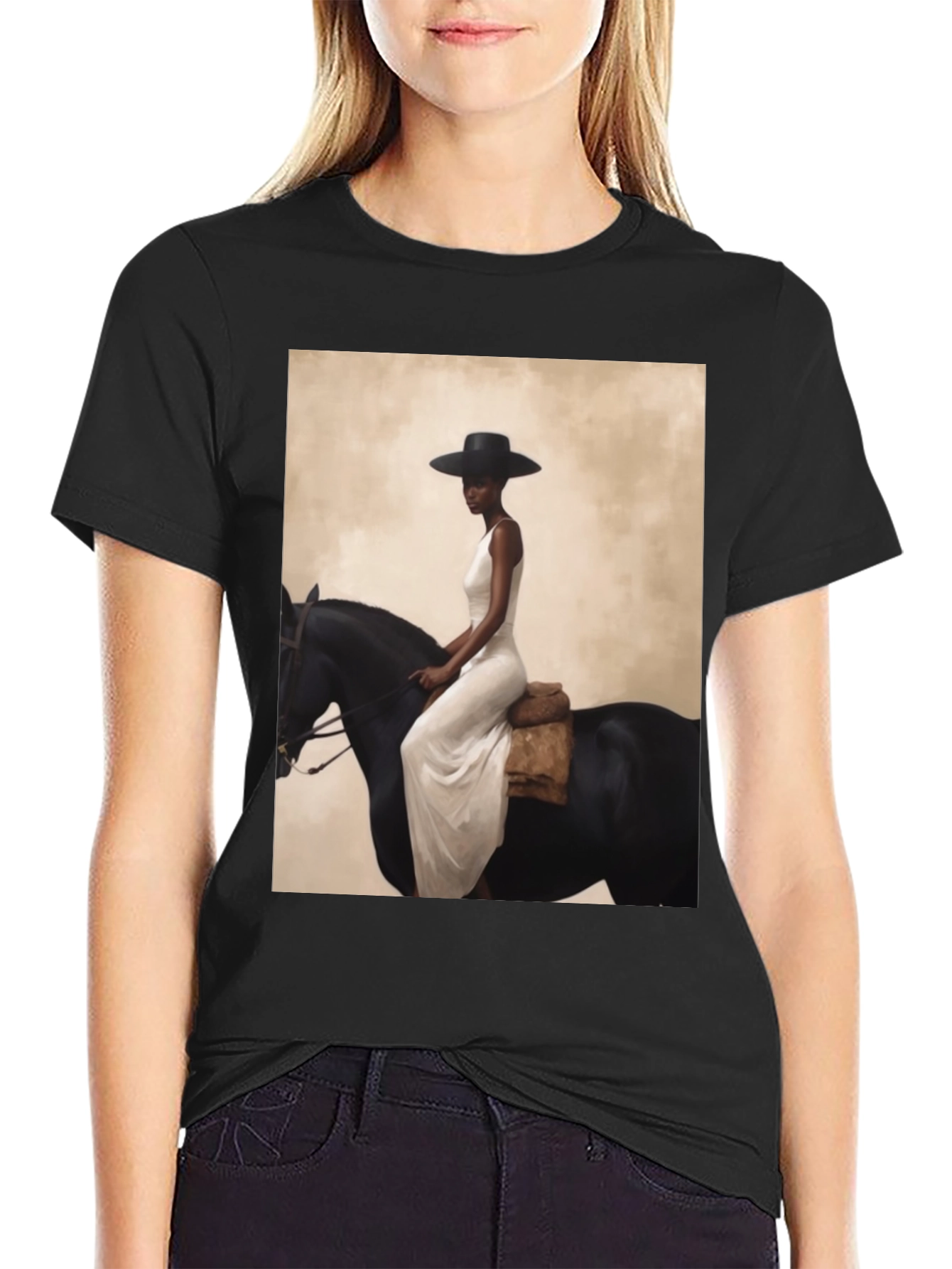 Black Elegant Woman on Horseback Graphic Tee - Black view 2