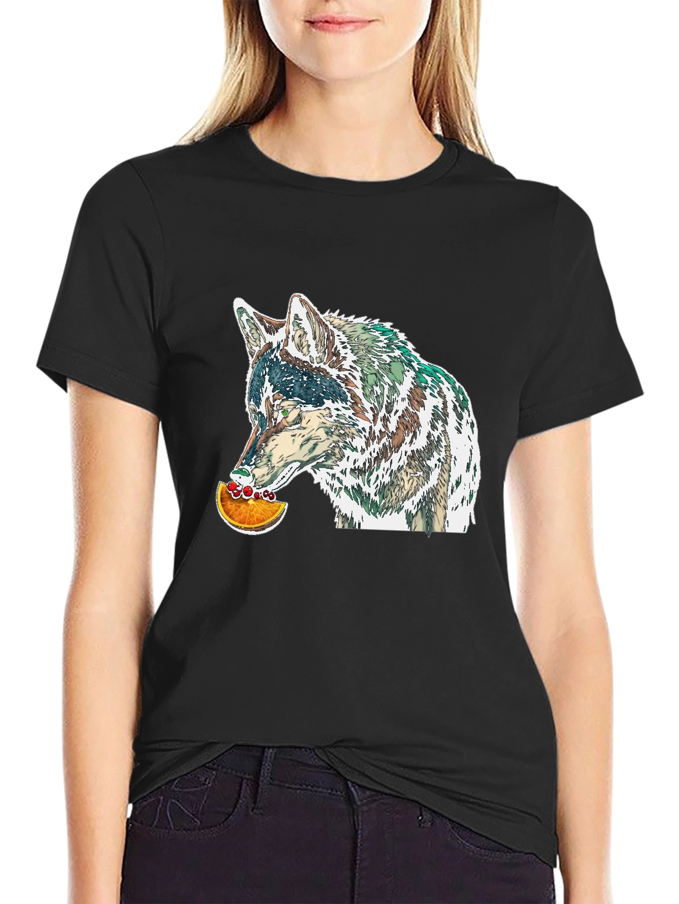 Black Wolf Eating Orange Graphic Tee view 2