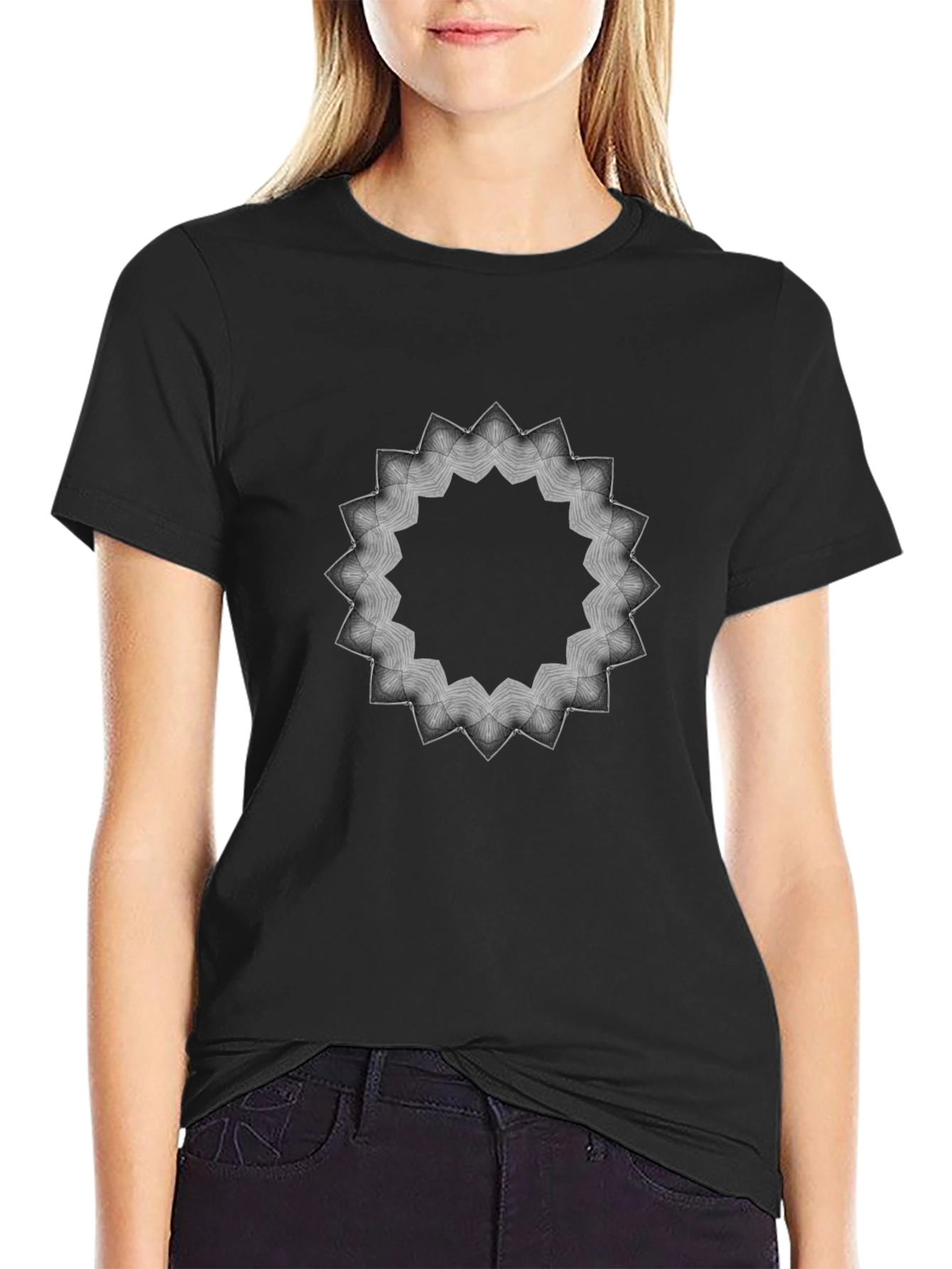 Black Geometric Mandala Graphic Print Men's Black T-Shirt view 2