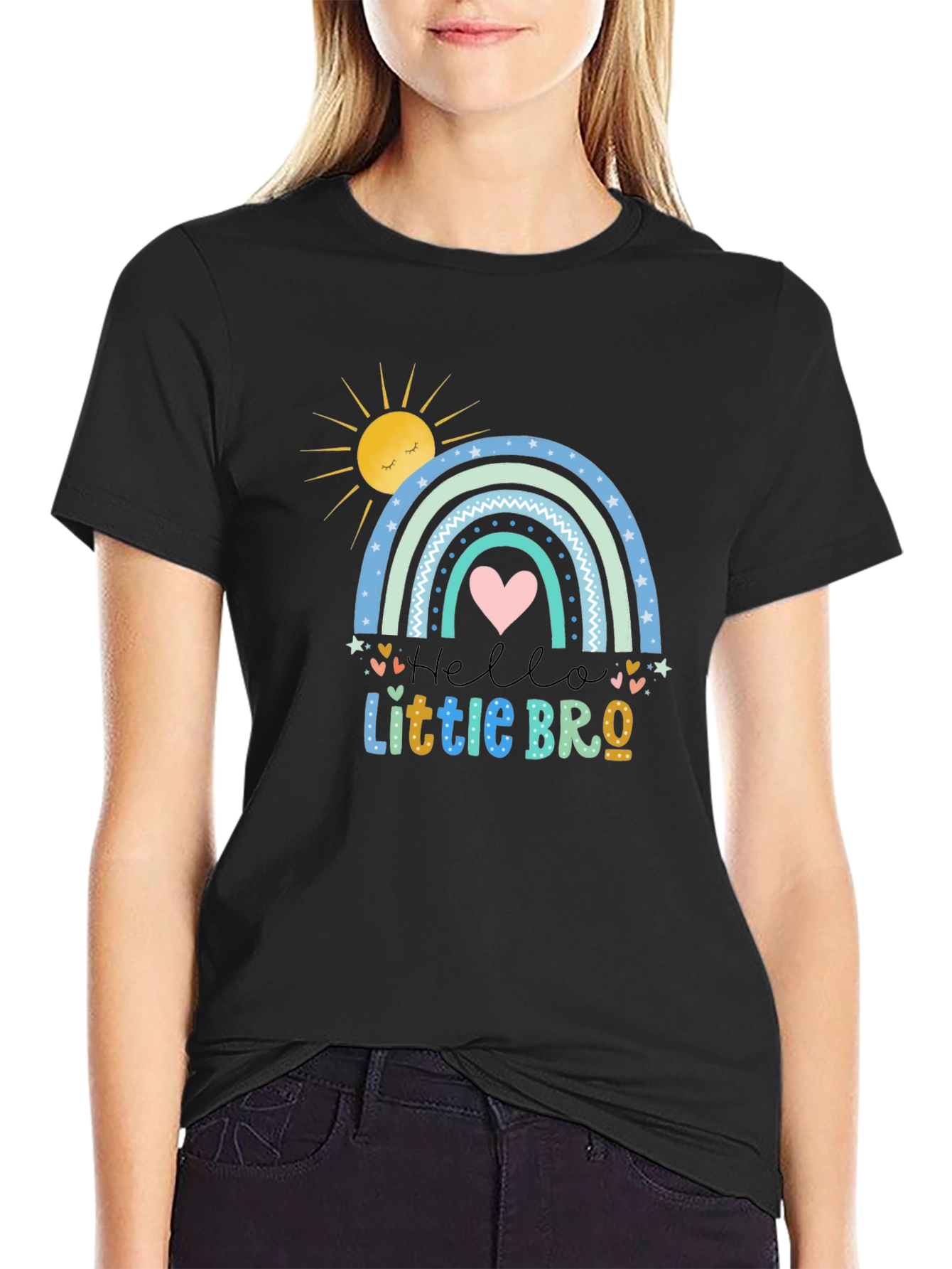 Black Hello Little Bro T-Shirt, Rainbow Design view 2