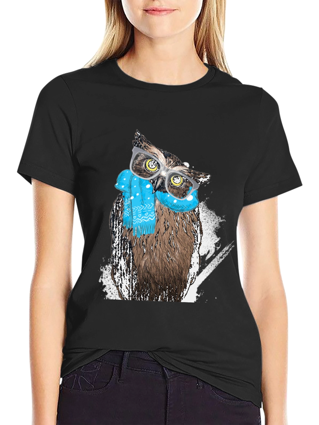 Black Owl with Glasses Graphic Print T-Shirt view 2