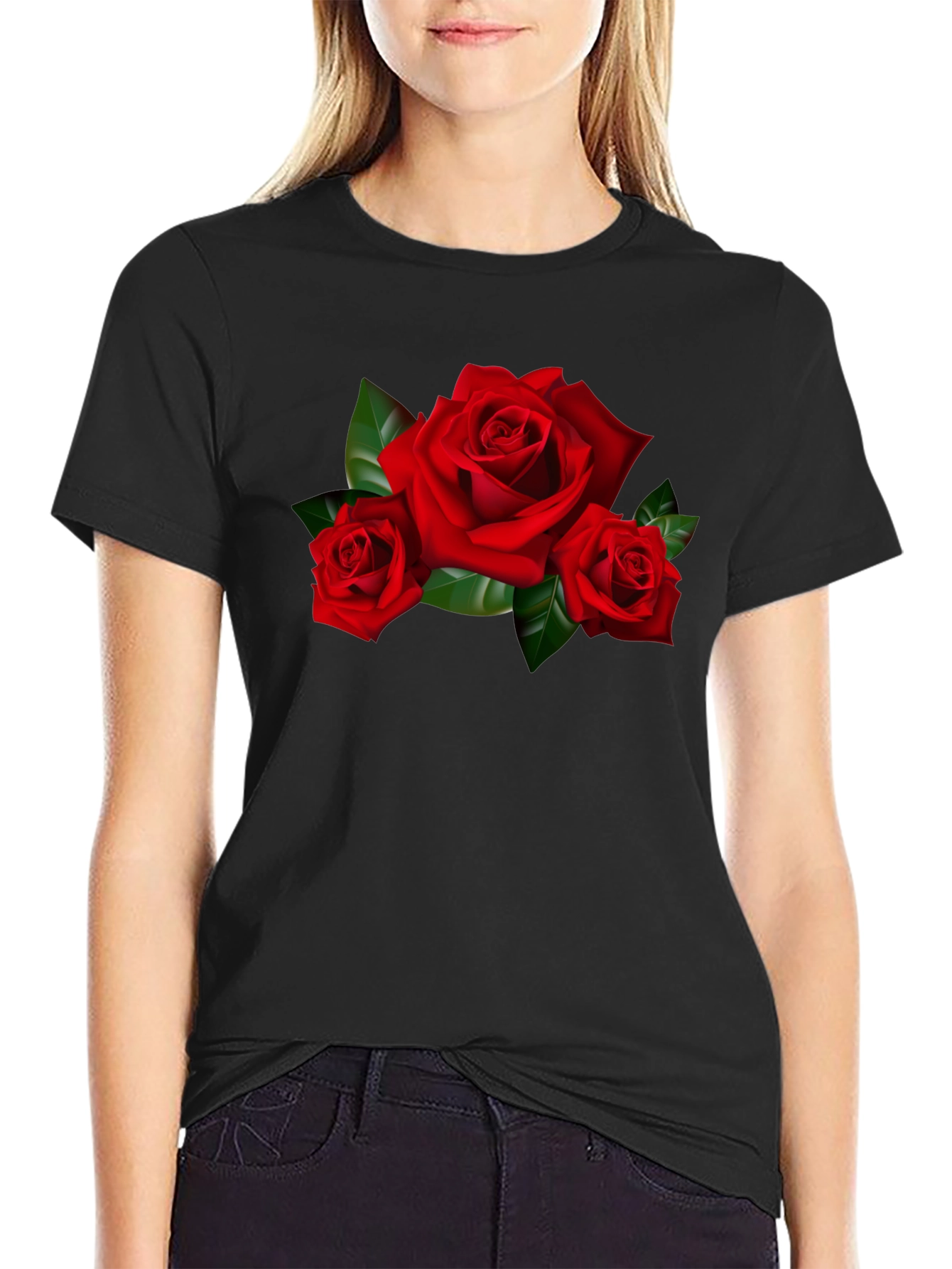 Black Red Roses Graphic Print Black T-Shirt view 2