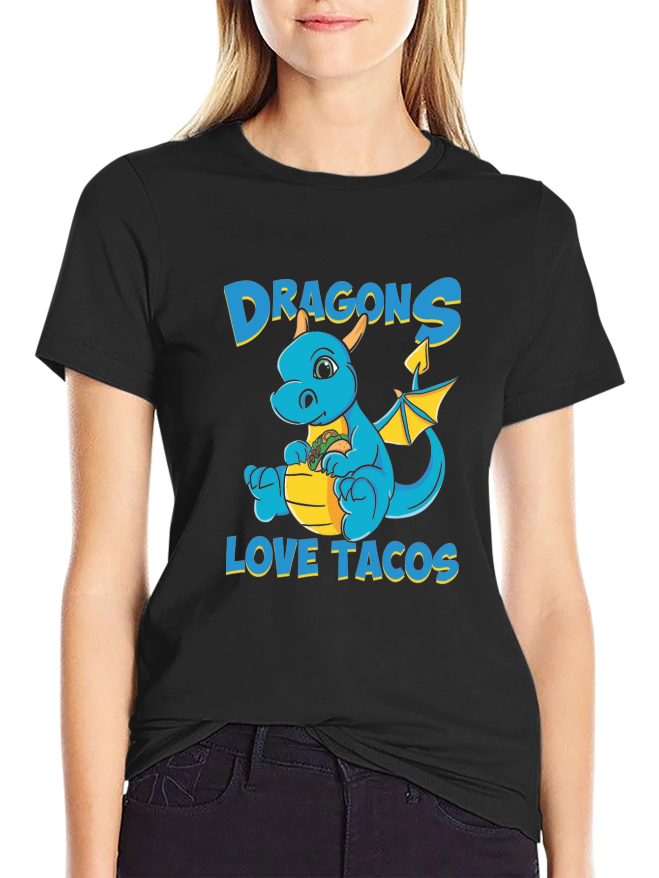 Black Dragons Love Tacos T-Shirt - Cute Cartoon Dragon Tee view 2