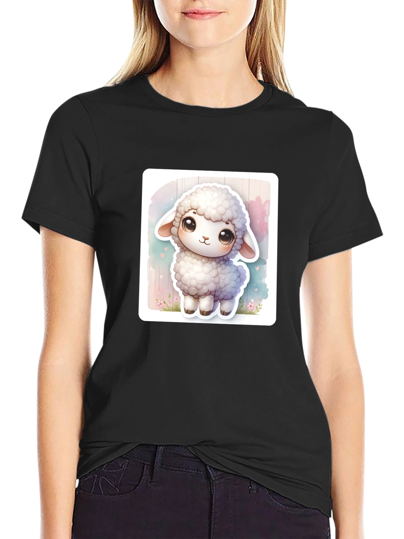 Black Cute Sheep Graphic Tee - Soft Cotton Blend view 2