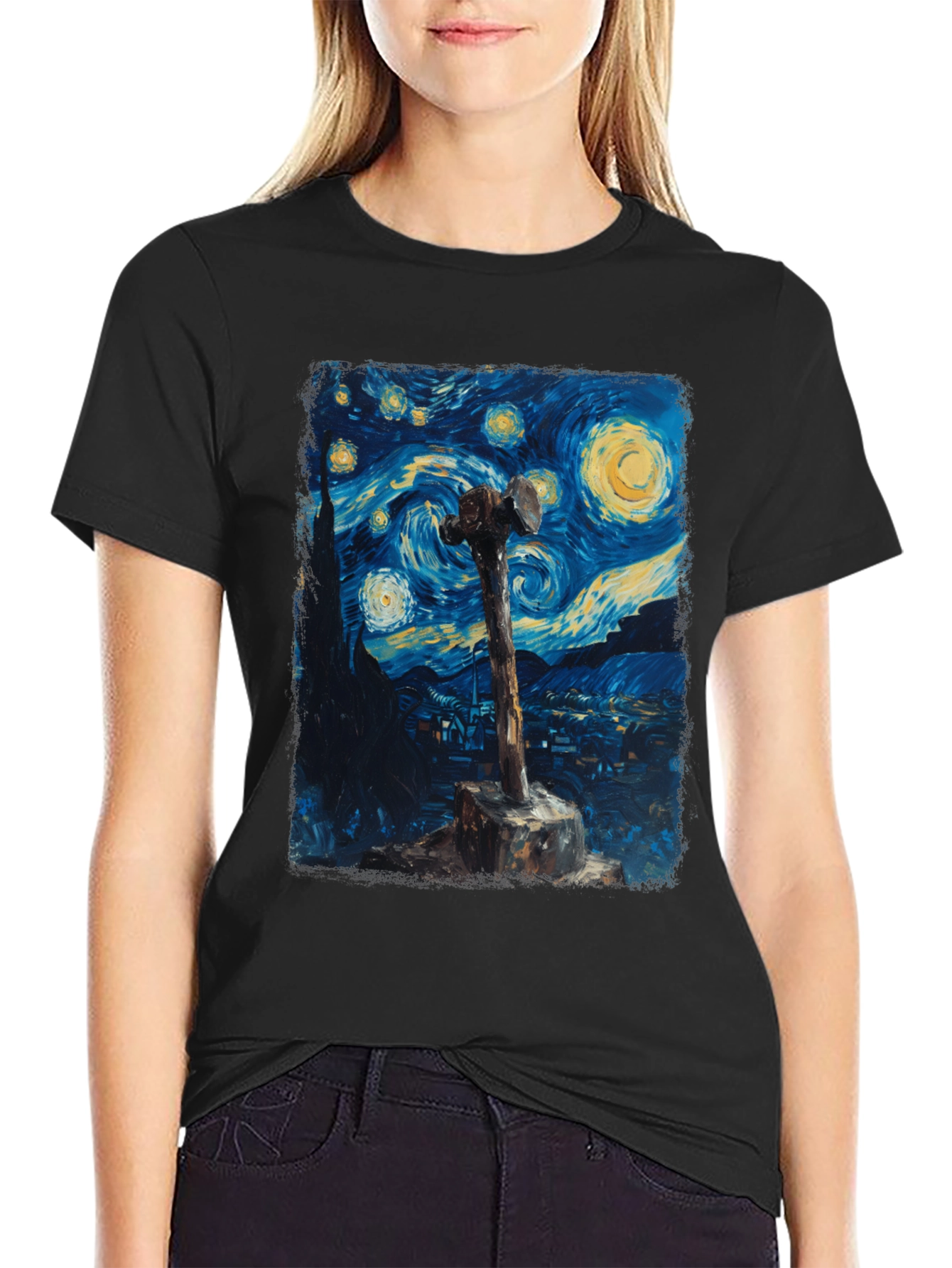 Black Starry Night Hammer Graphic Tee view 2