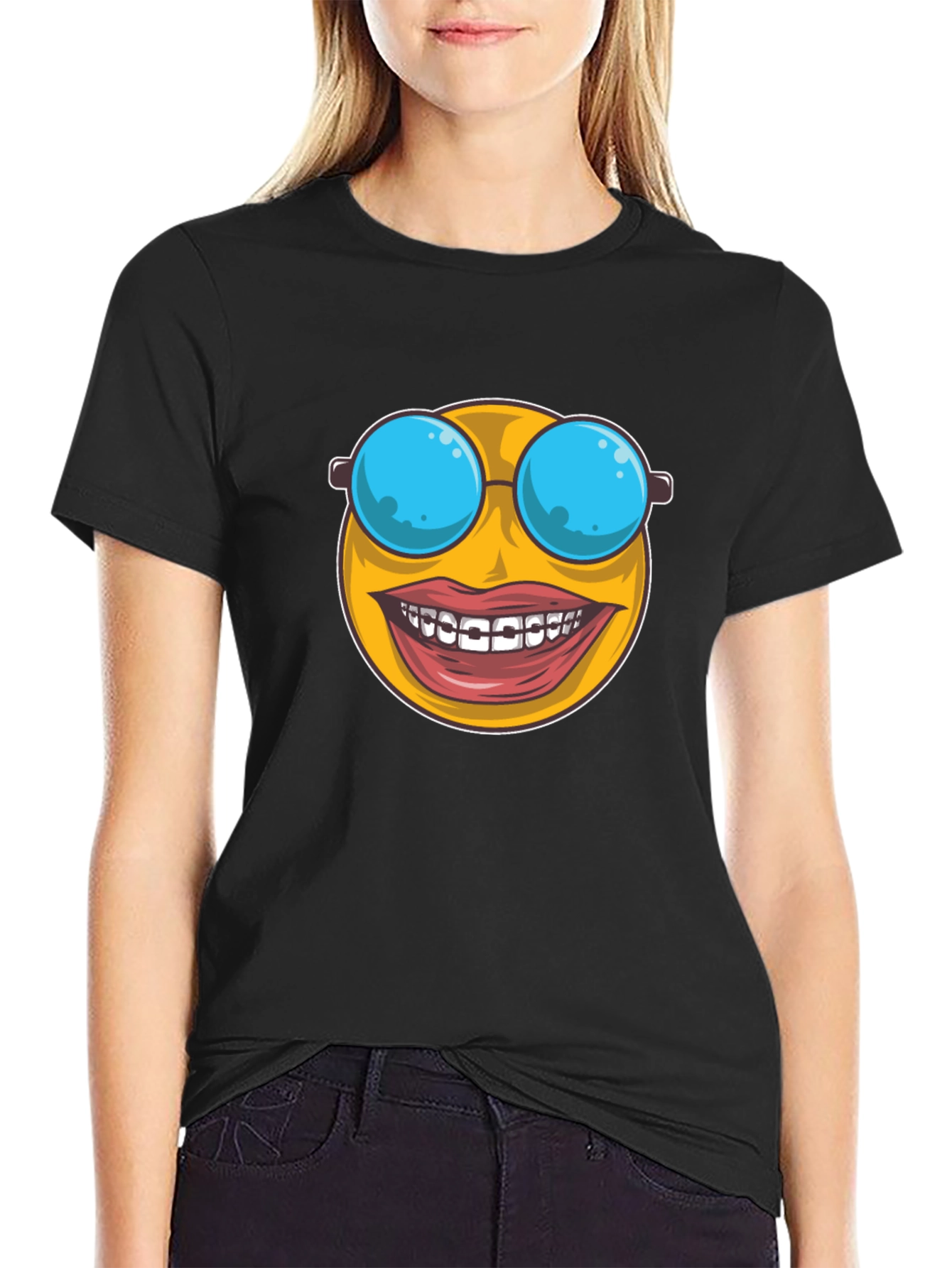 Black Funny Emoji T-Shirt - Braces & Sunglasses view 2