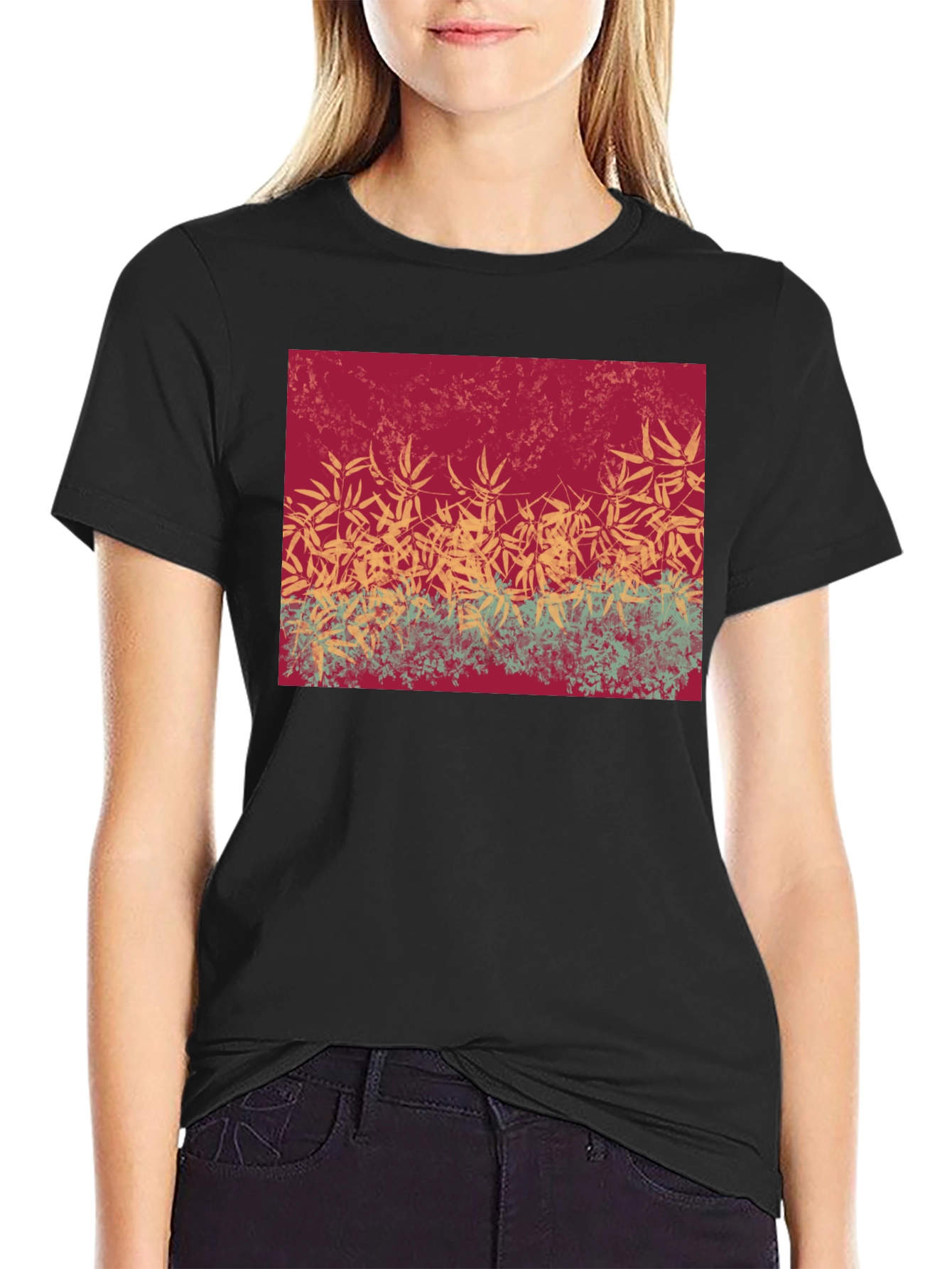 Black Botanical Print Crew Neck T-Shirt view 2