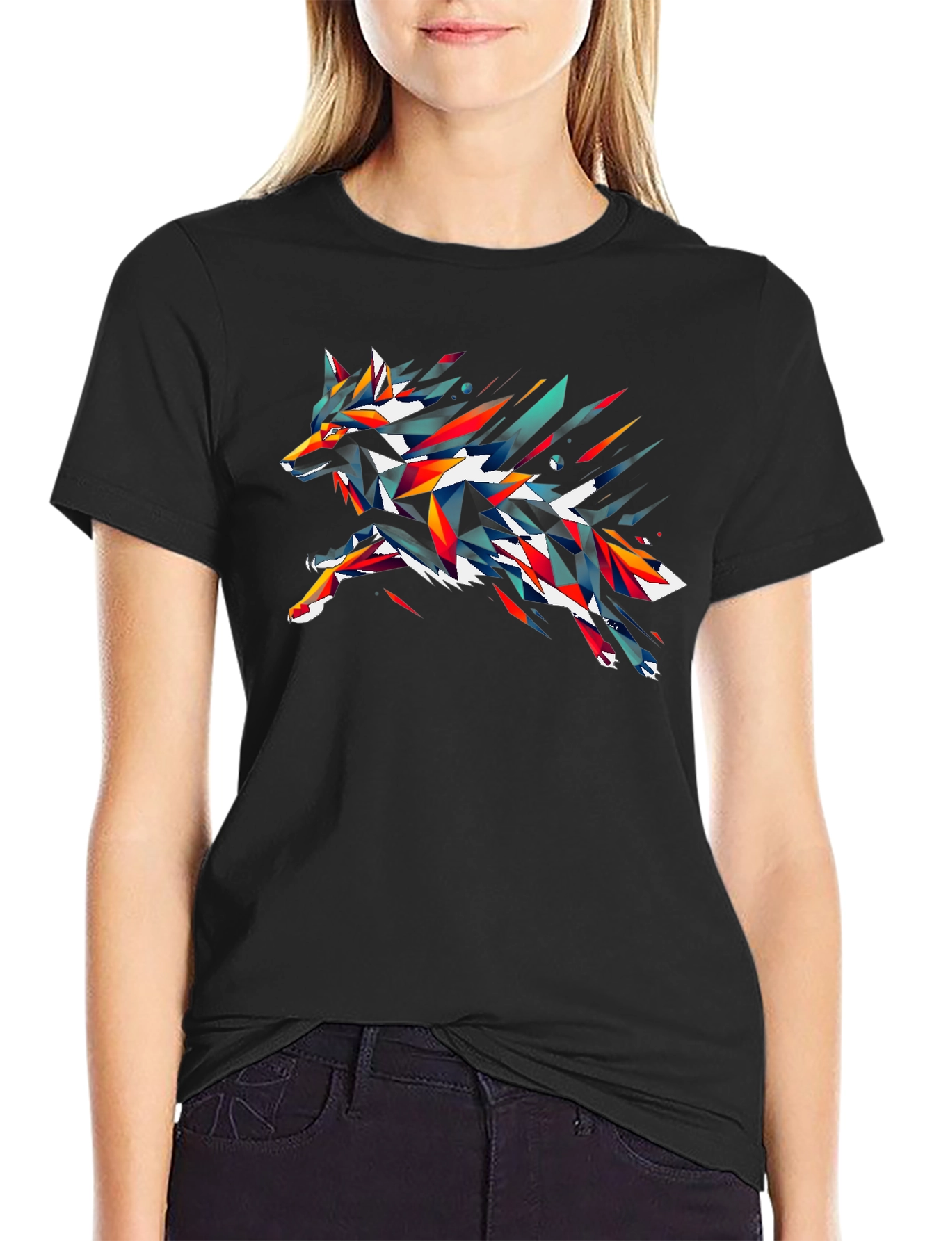 Black Abstract Geometric Wolf Graphic T-Shirt - Black view 2