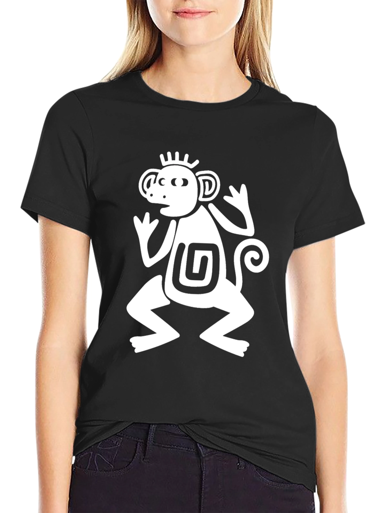 Black Aztec Monkey Graphic T-Shirt - Black Crew Neck Tee view 2